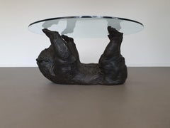 Well detailed bronze bear coffee table with glass top 1970