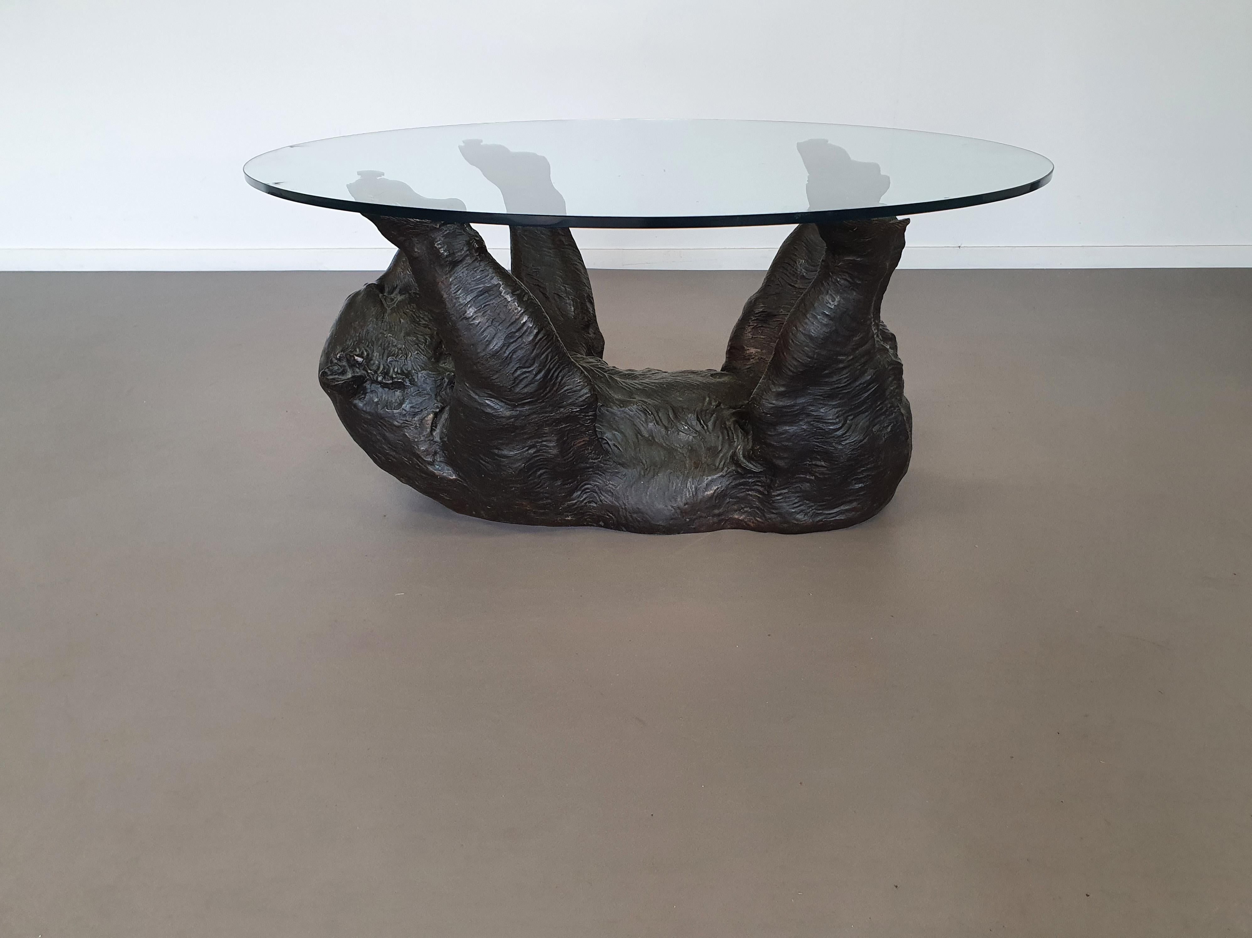 Other Well detailed bronze bear coffee table with glass top 1970 For Sale