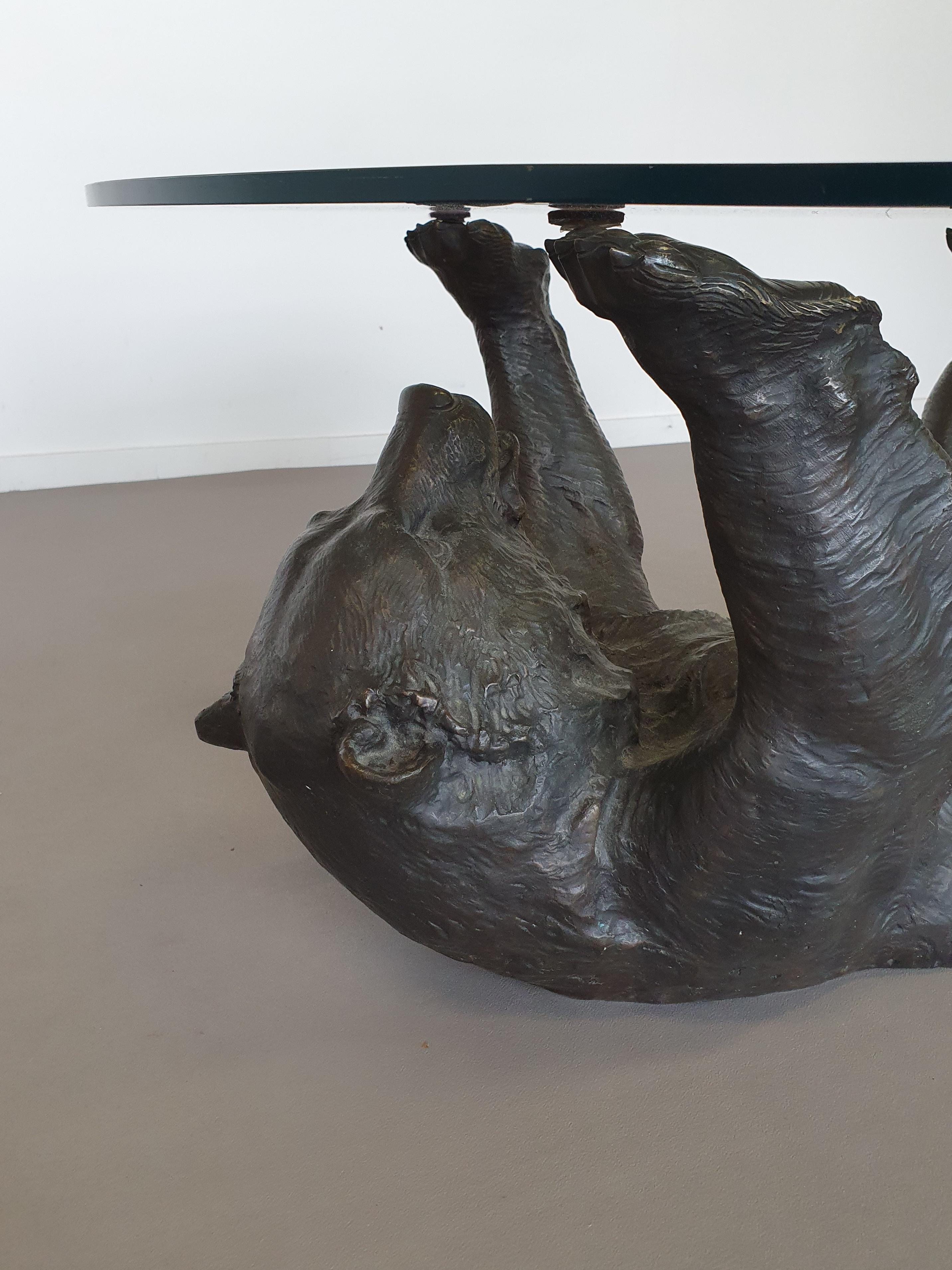 Late 20th Century Well detailed bronze bear coffee table with glass top 1970 For Sale