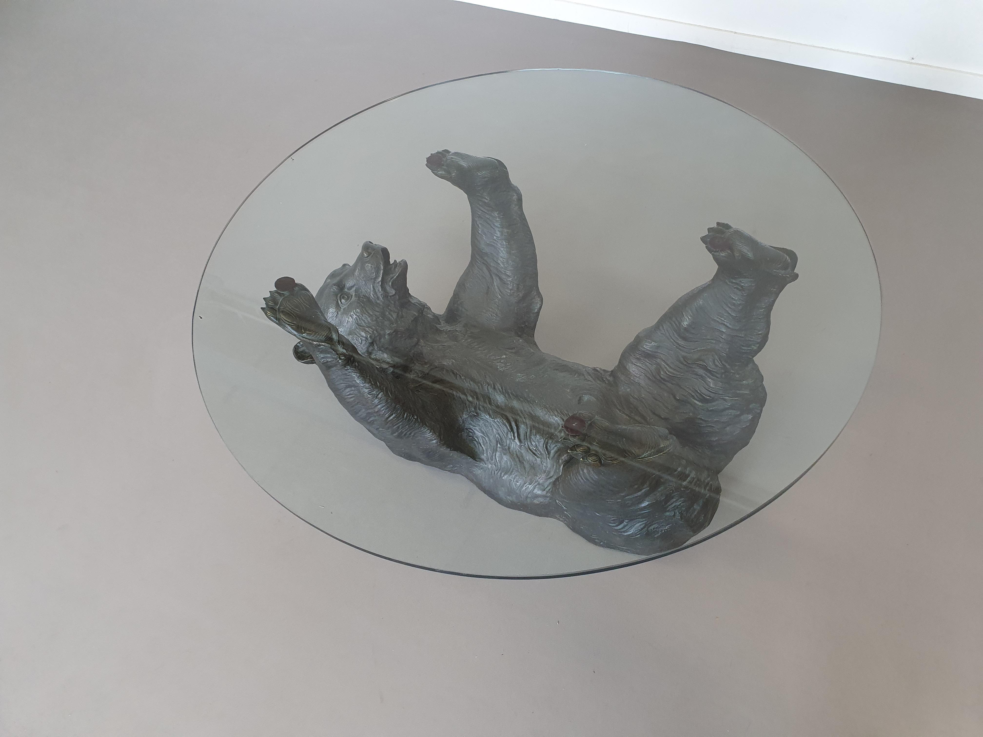Well detailed bronze bear coffee table with glass top 1970 For Sale 1