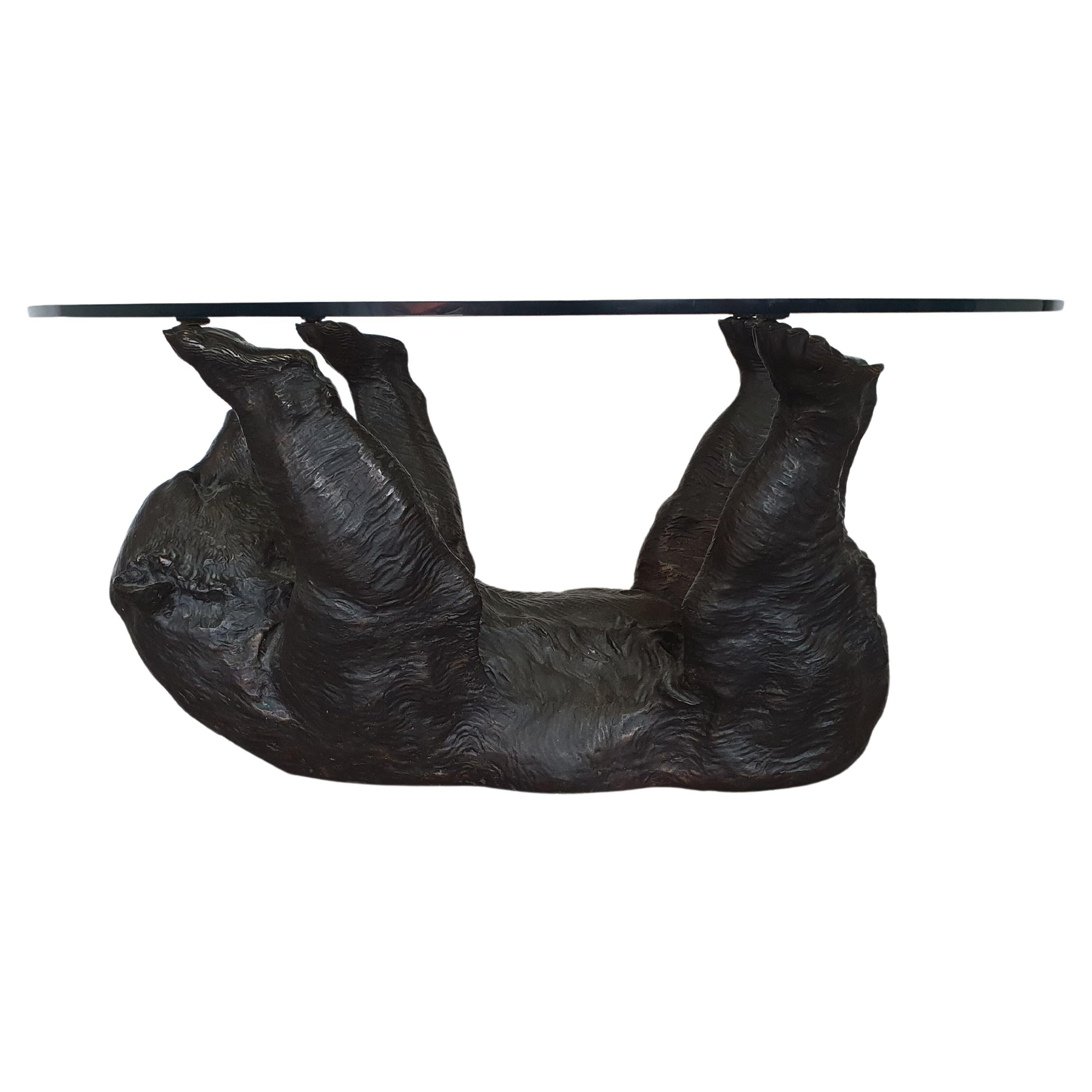Well detailed bronze bear coffee table with glass top 1970 For Sale