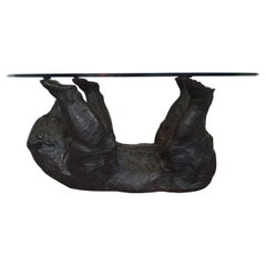 Well detailed bronze bear coffee table with glass top 1970
