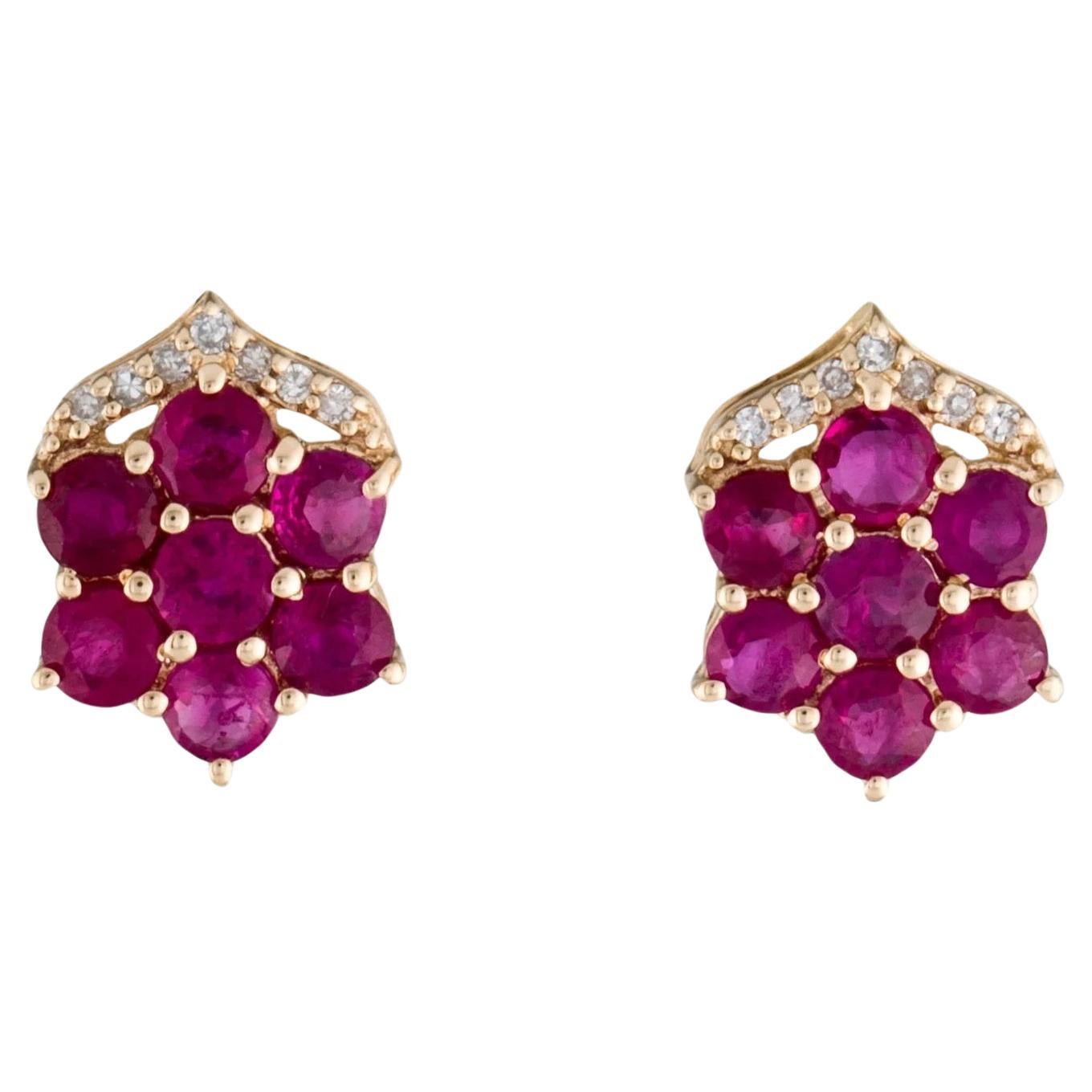  Well-Executed 14K Yellow Gold Ruby and Diamond Earrings