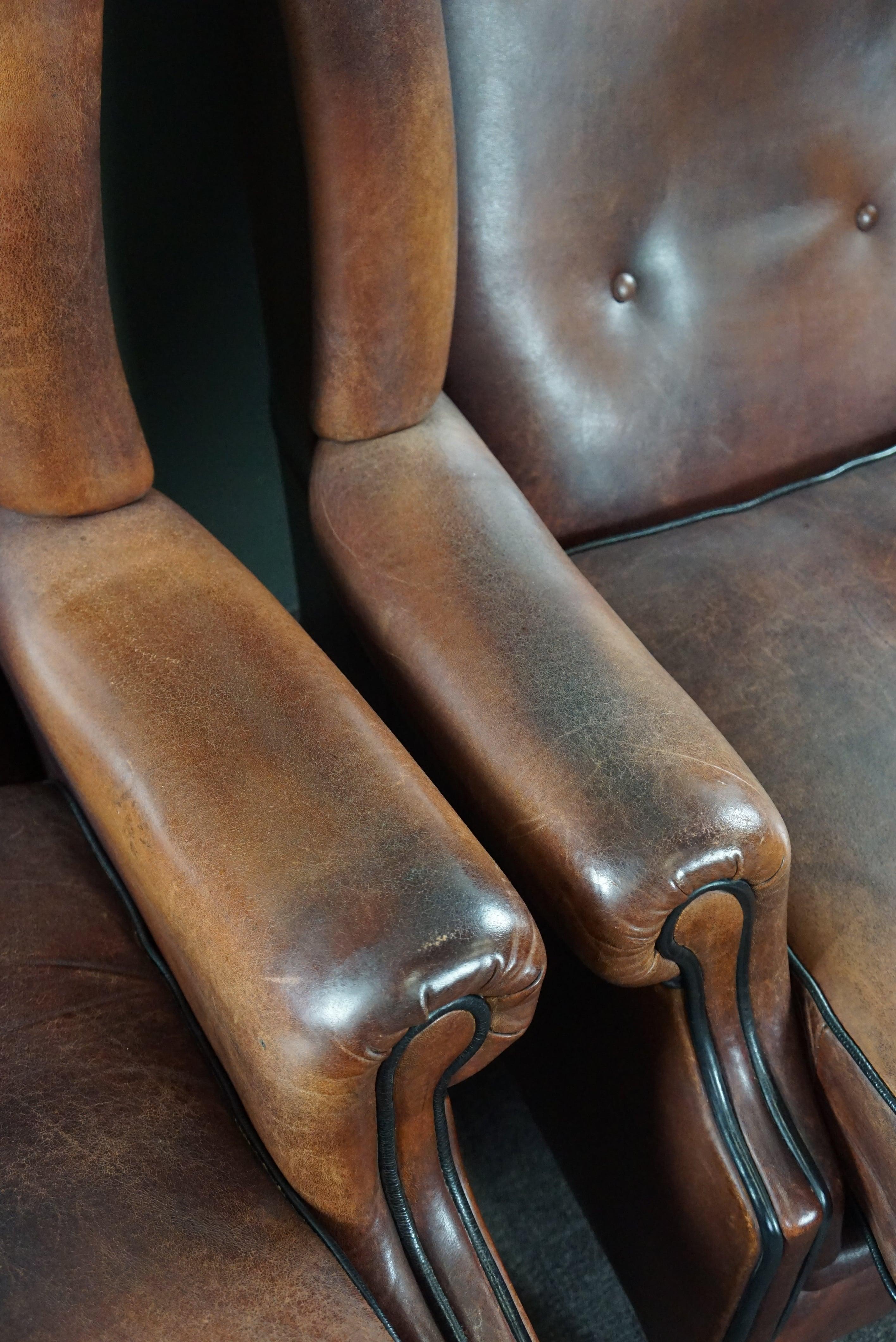 Well-fitting set of 2 sheep leather wing chairs For Sale 1