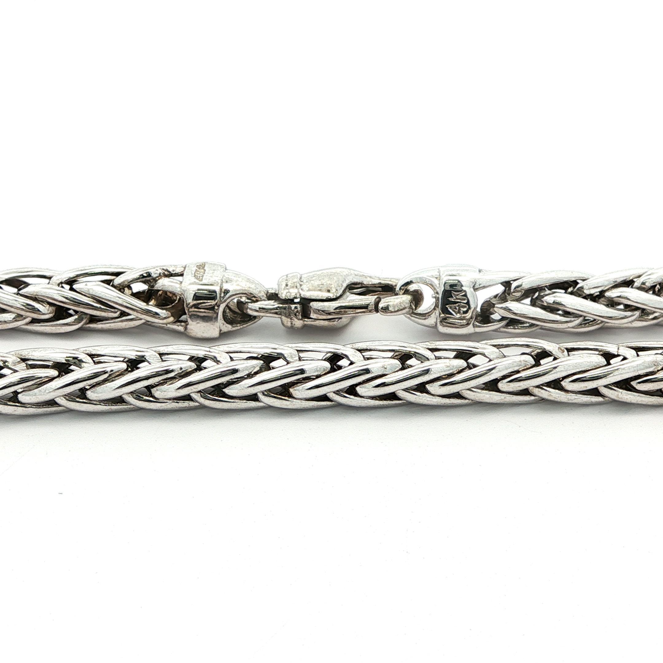 Women's or Men's Well Made 14k White Gold 4mm Wheat Link Chain Bracelet w/ Lobster Claw Clasp For Sale