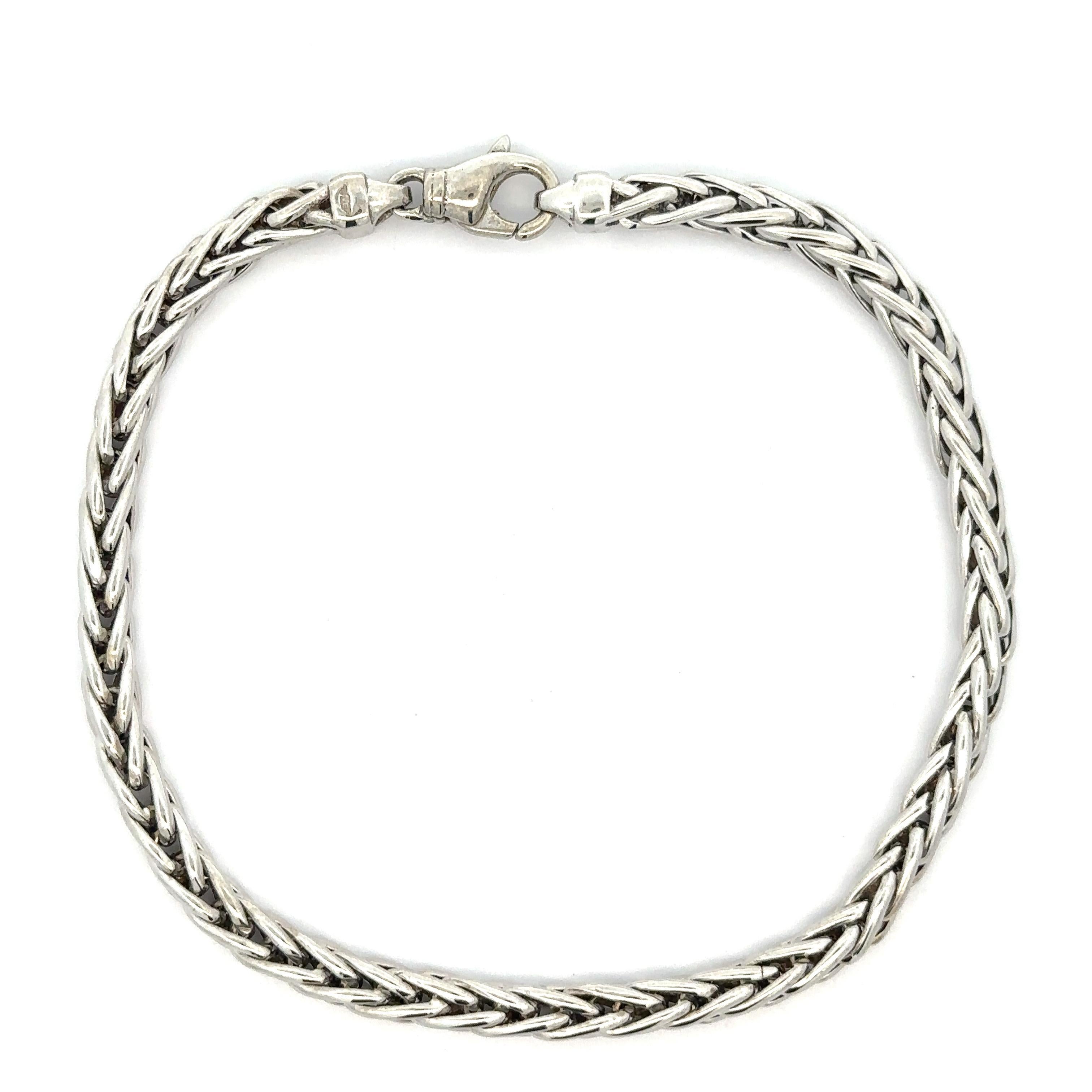 Well Made 14k White Gold 4mm Wheat Link Chain Bracelet w/ Lobster Claw Clasp For Sale 1