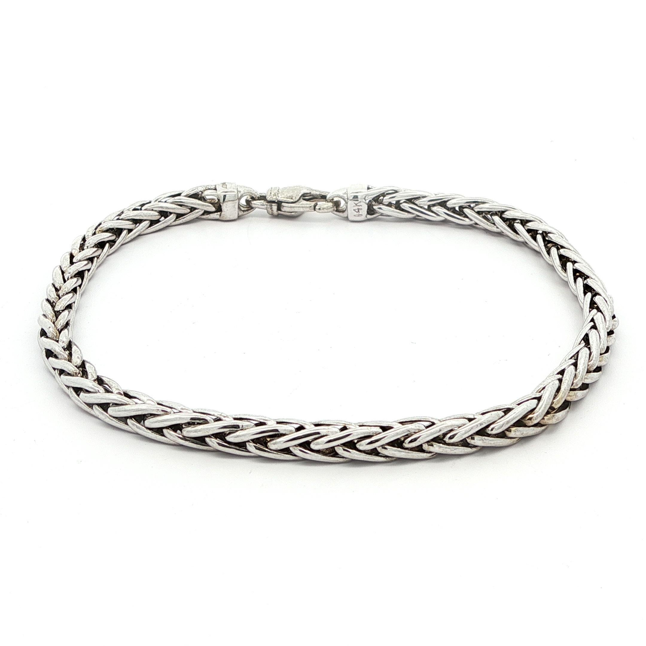 Well Made 14k White Gold 4mm Wheat Link Chain Bracelet w/ Lobster Claw Clasp For Sale 2