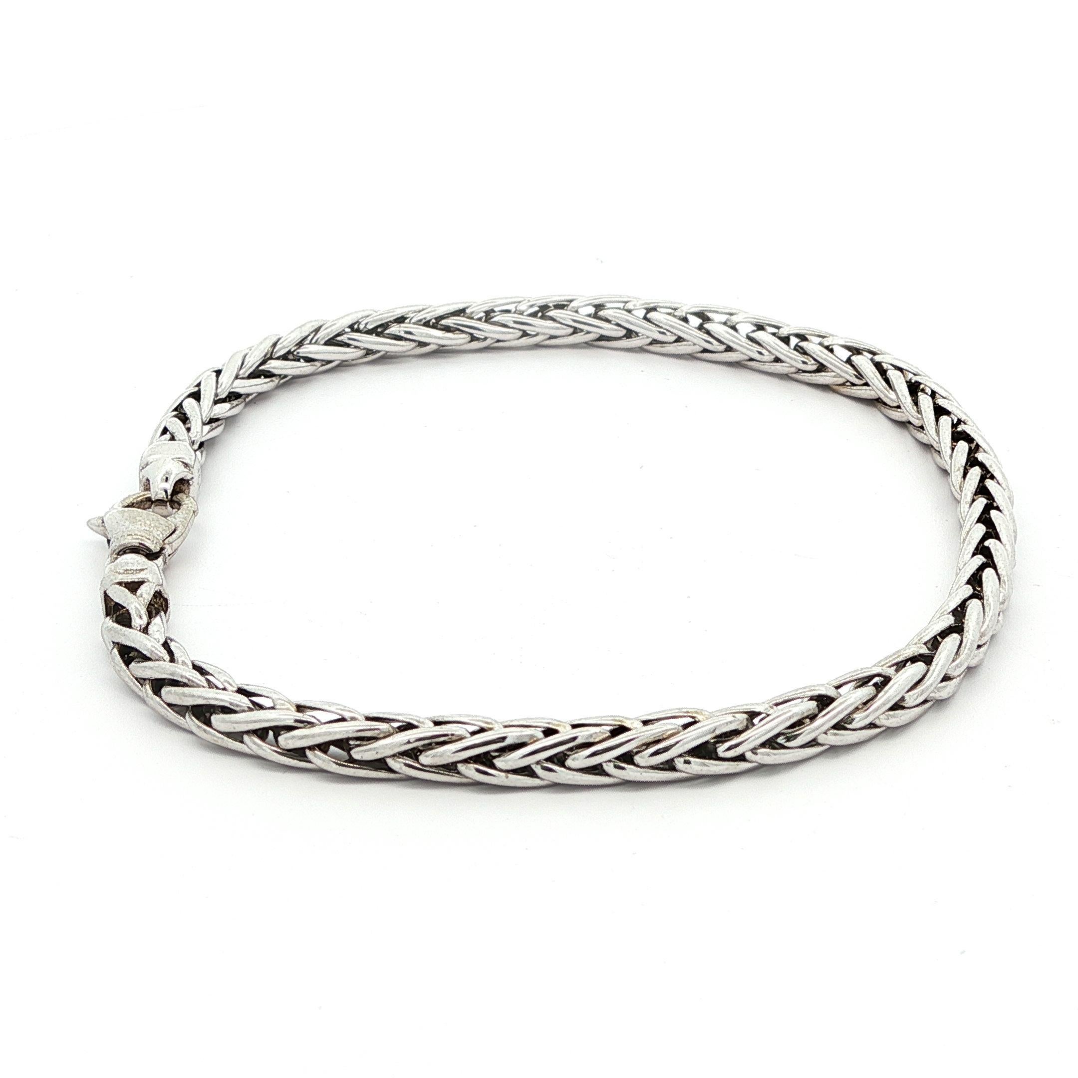Well Made 14k White Gold 4mm Wheat Link Chain Bracelet w/ Lobster Claw Clasp For Sale 3