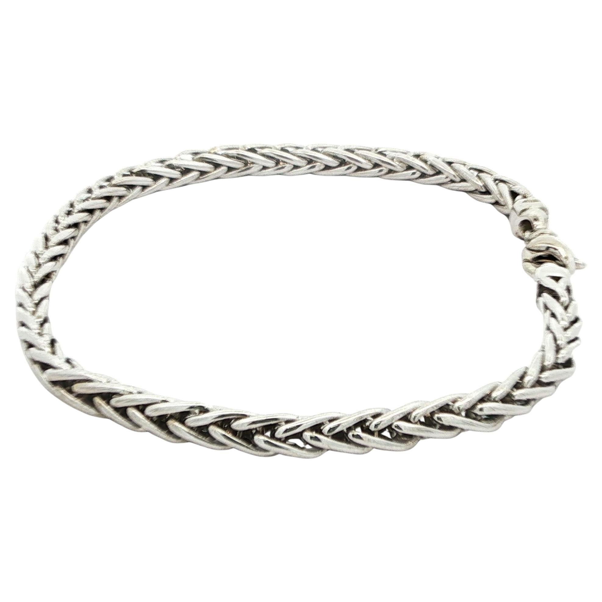 Well Made 14k White Gold 4mm Wheat Link Chain Bracelet w/ Lobster Claw Clasp For Sale