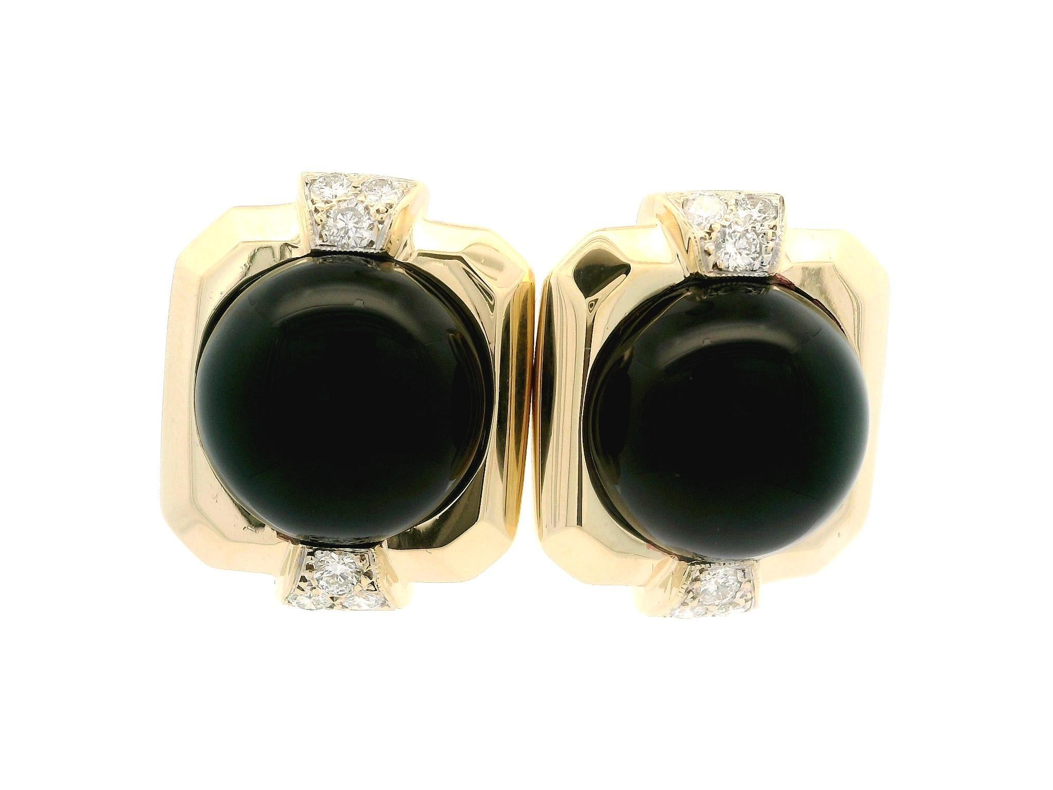 Orecchino a bottone Well Made in oro giallo 14k con onice nero tondo grande e diamanti in vendita 5