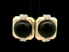 Well Made 14k Yellow Gold Large Round Black Onyx Diamond Accent Button Earring