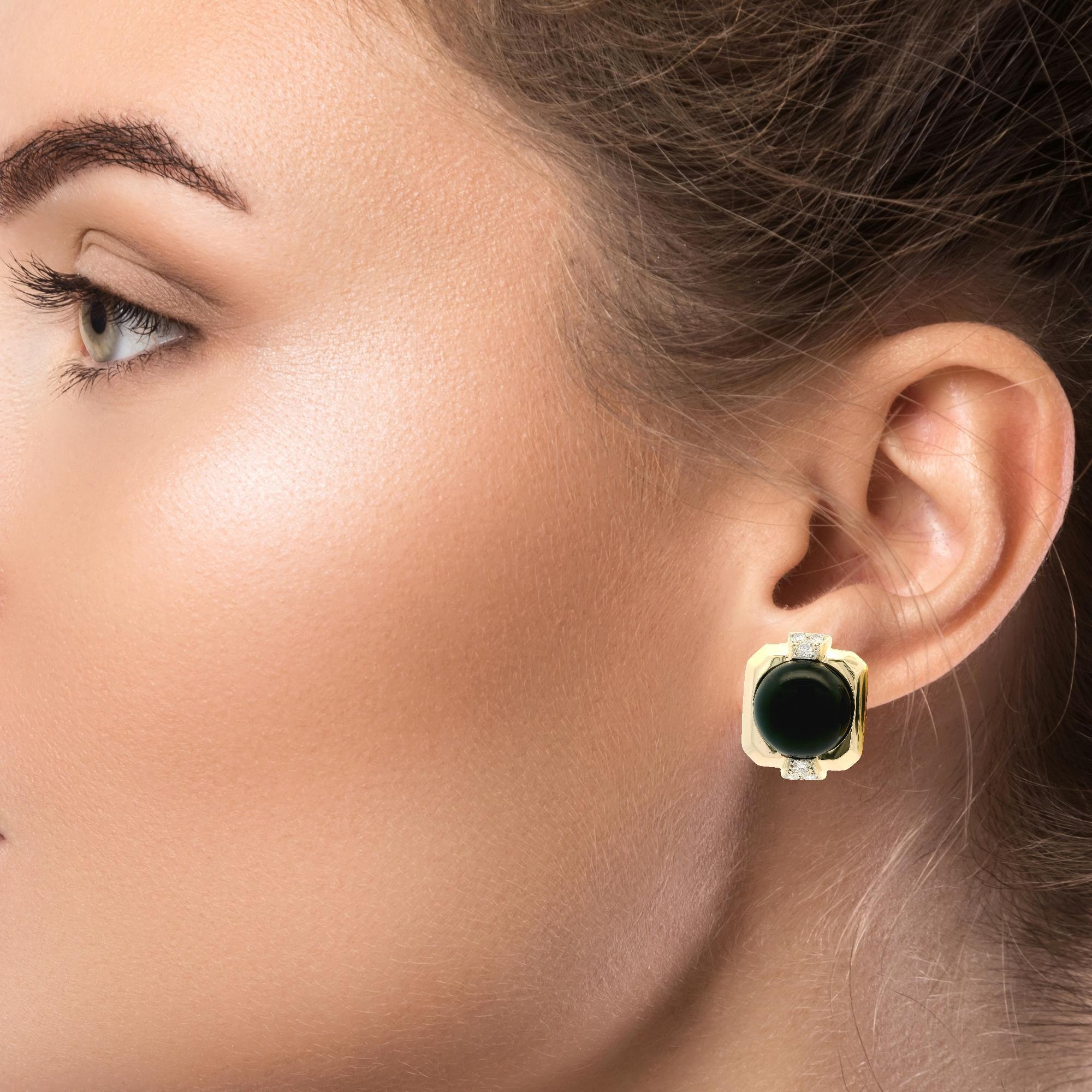 Orecchino a bottone Well Made in oro giallo 14k con onice nero tondo grande e diamanti in vendita 4