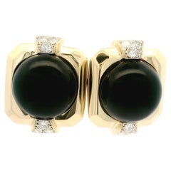 Well Made 14k Yellow Gold Large Round Black Onyx Diamond Accent Button Earring