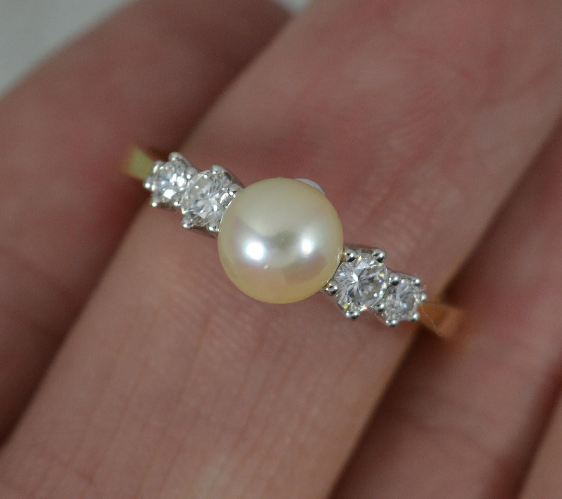 Well Made 18 Carat Gold Pearl and 0.26ct Diamond Five Stone Ring 3