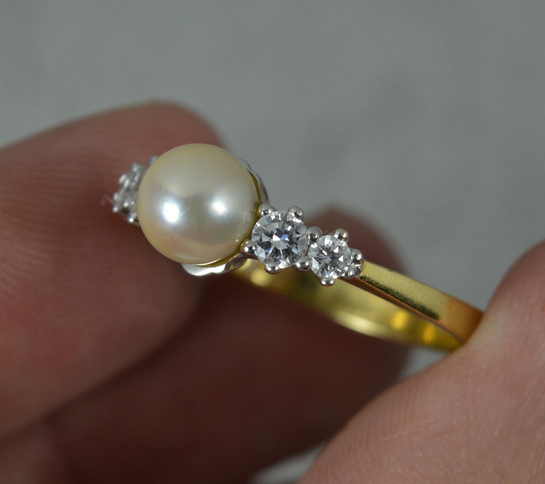 Well Made 18 Carat Gold Pearl and 0.26ct Diamond Five Stone Ring 2
