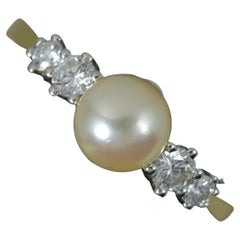 Well Made 18 Carat Gold Pearl and 0.26ct Diamond Five Stone Ring