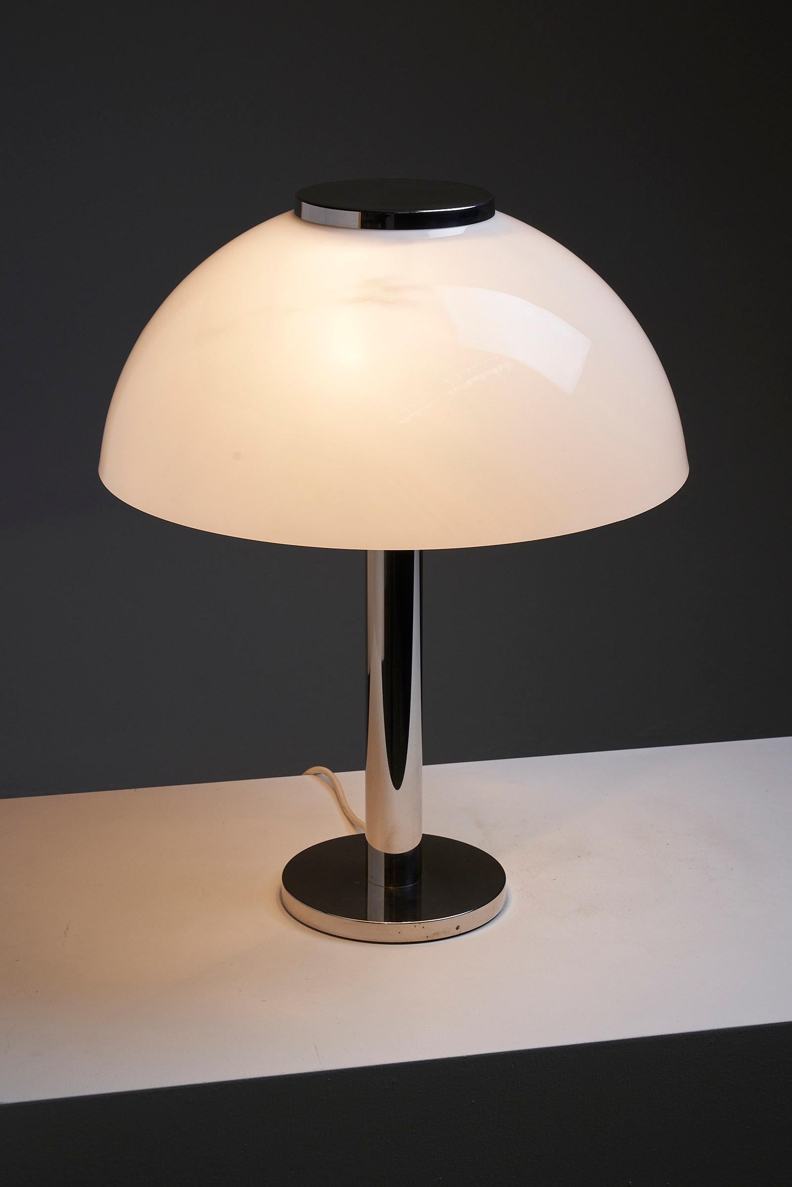 Mid-Century Modern Well Made German Mushroom Table Lamp Chrome Base & Plexi Shade, Beisl Leuchte For Sale