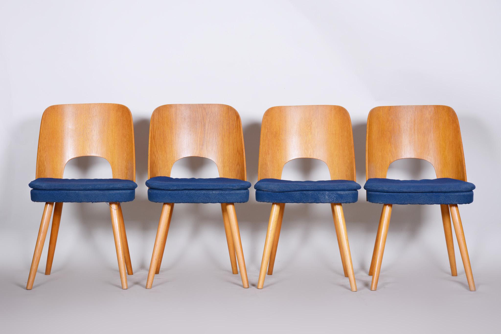 Mid-Century Modern Well preserved Czech Brown and Blue Ash Chairs by Oswald Haerdtl, 4 Pcs, 1950s