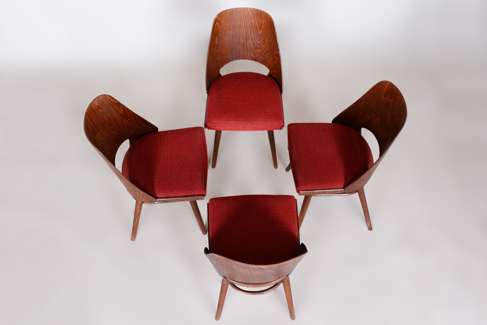 Well Preserved Czech Brown and Red Beech Chairs by Oswald Haerdtl, 4 Pcs, 1950s For Sale 5