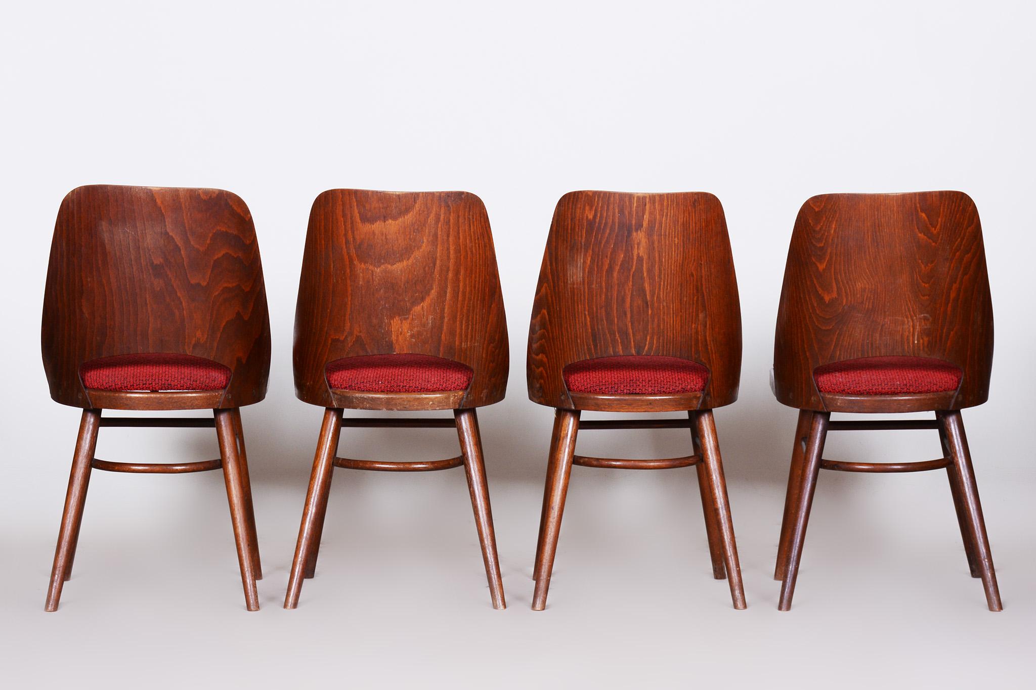 Well Preserved Czech Brown and Red Beech Chairs by Oswald Haerdtl, 4 Pcs, 1950s For Sale 6