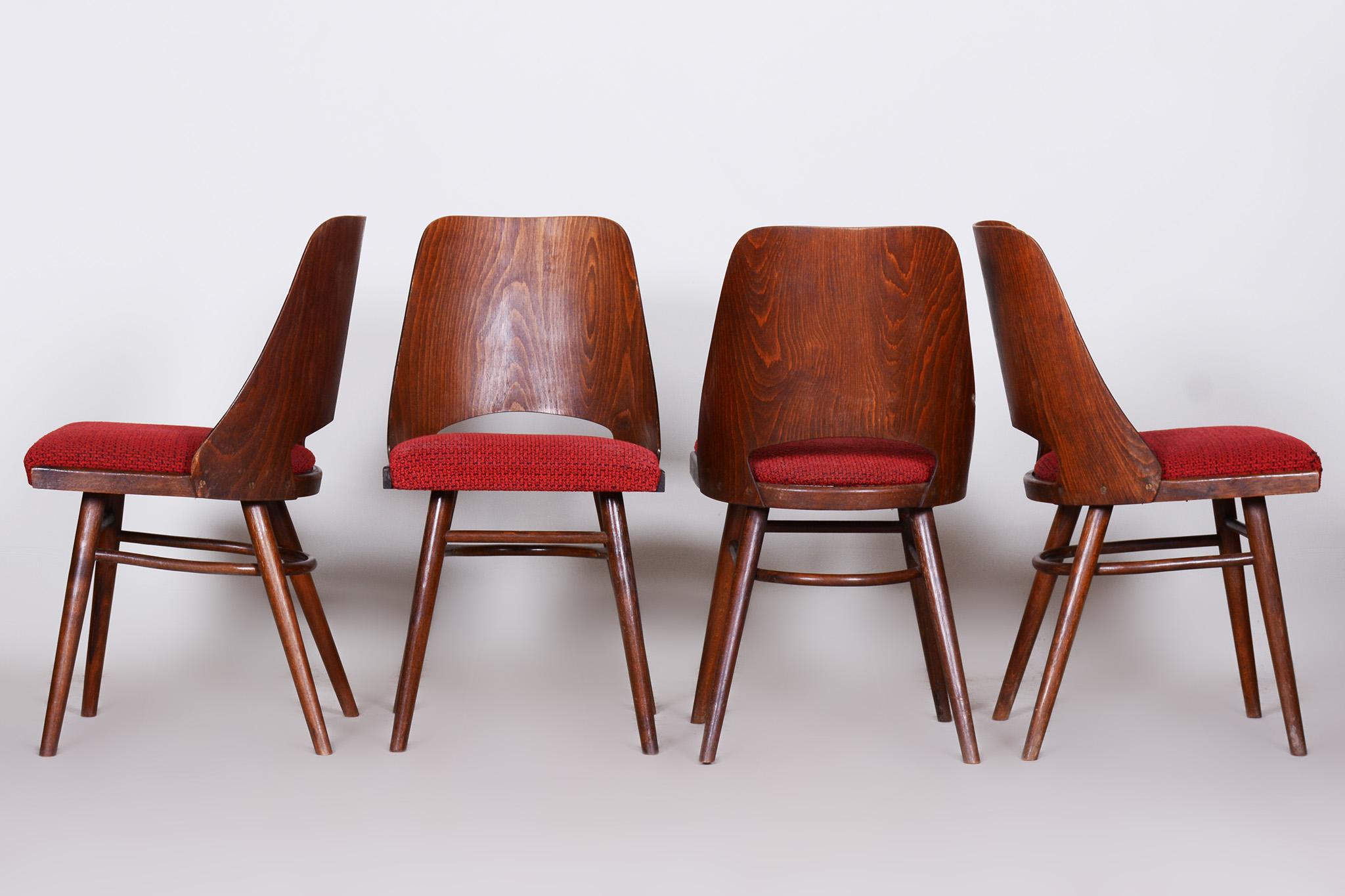 Mid-Century Modern Well Preserved Czech Brown and Red Beech Chairs by Oswald Haerdtl, 4 Pcs, 1950s For Sale
