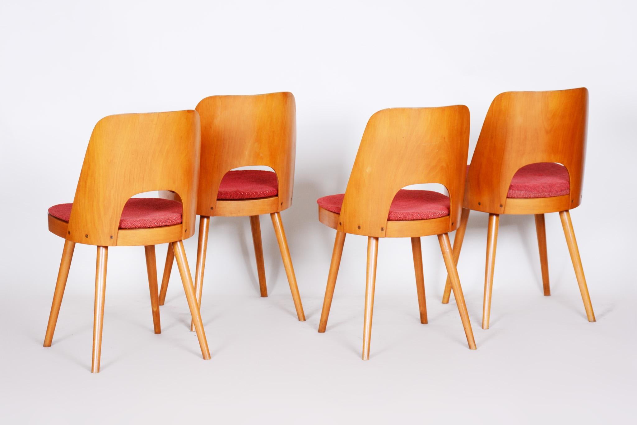 20th Century Well Preserved Czech Brown and Red Beech Chairs by Oswald Haerdtl, 4 Pcs, 1950s