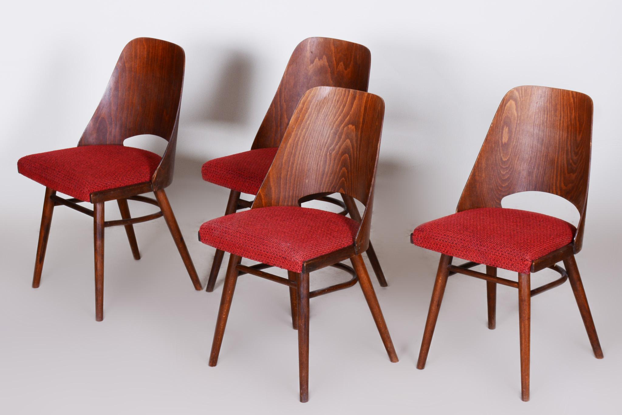 20th Century Well Preserved Czech Brown and Red Beech Chairs by Oswald Haerdtl, 4 Pcs, 1950s For Sale