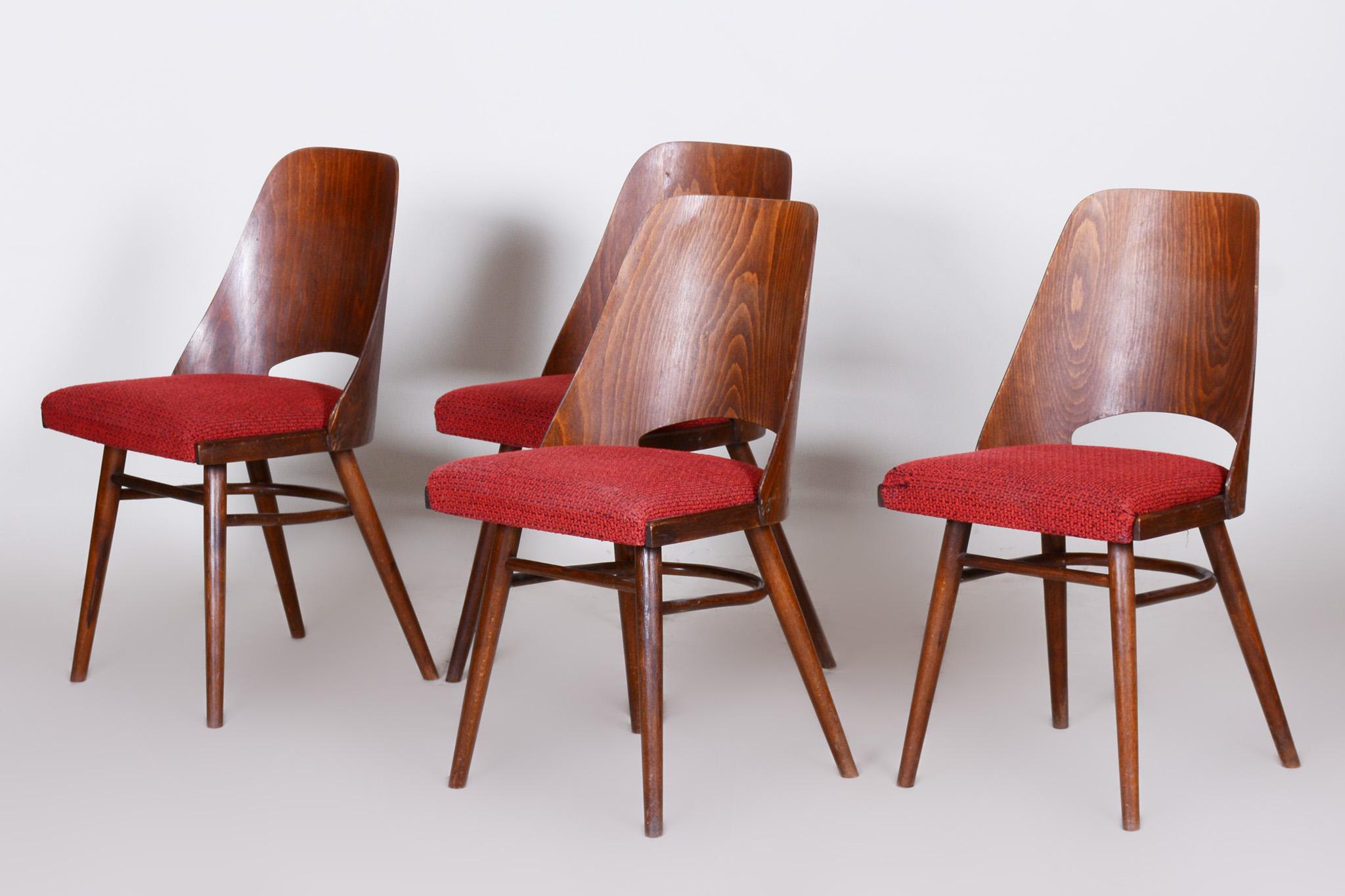 Well Preserved Czech Brown and Red Beech Chairs by Oswald Haerdtl, 4 Pcs, 1950s For Sale 1