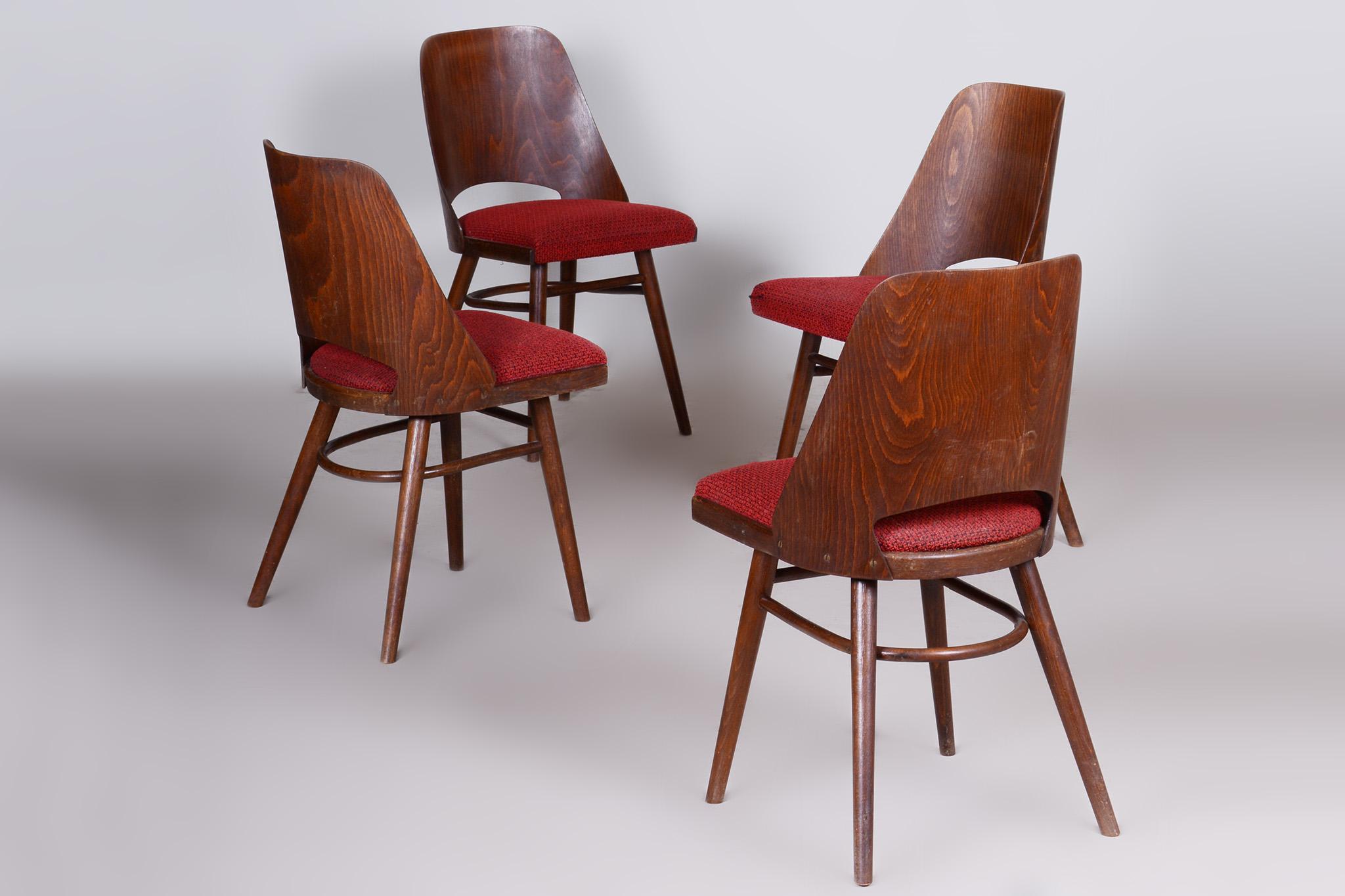 Well Preserved Czech Brown and Red Beech Chairs by Oswald Haerdtl, 4 Pcs, 1950s For Sale 3