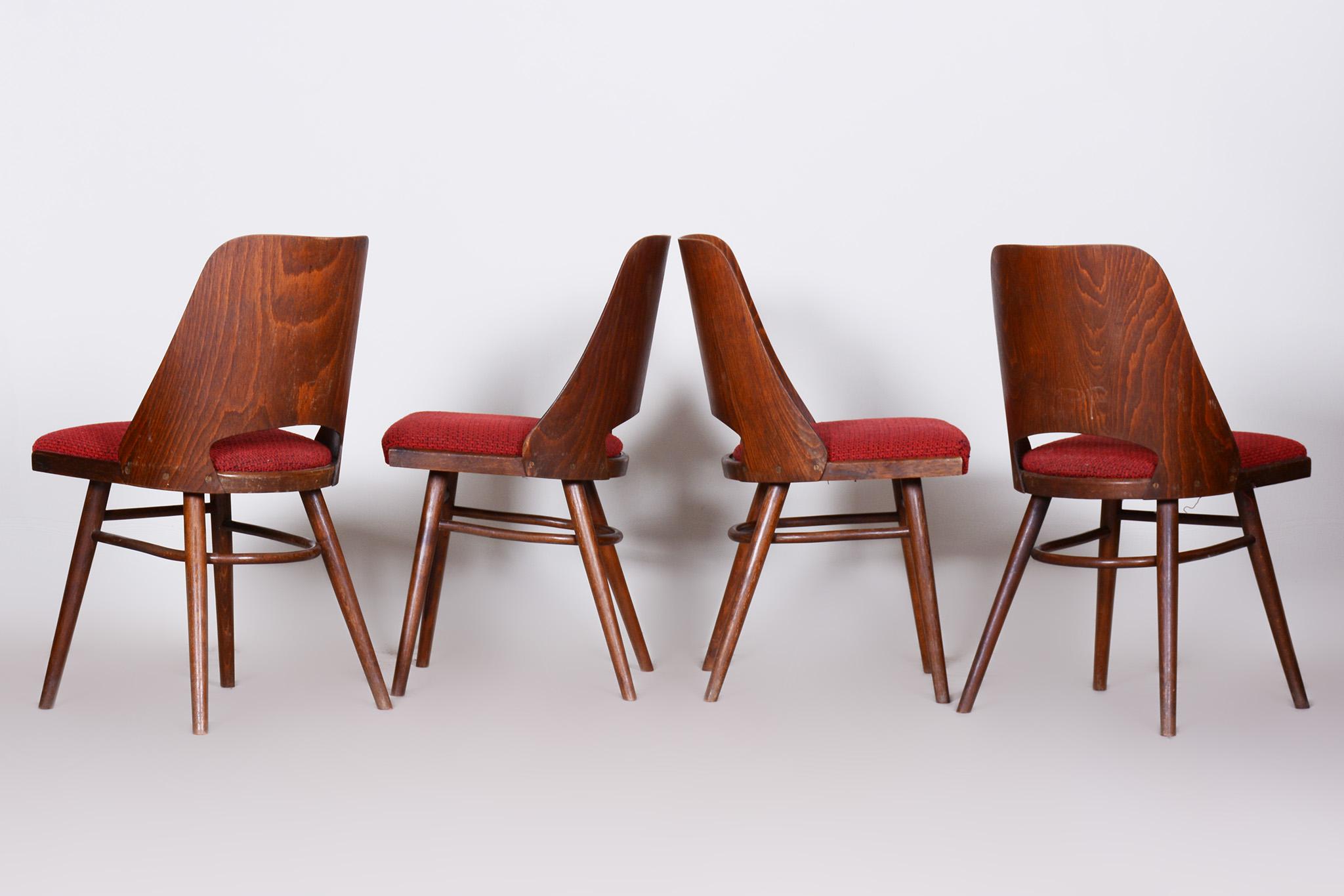 Well Preserved Czech Brown and Red Beech Chairs by Oswald Haerdtl, 4 Pcs, 1950s For Sale 4