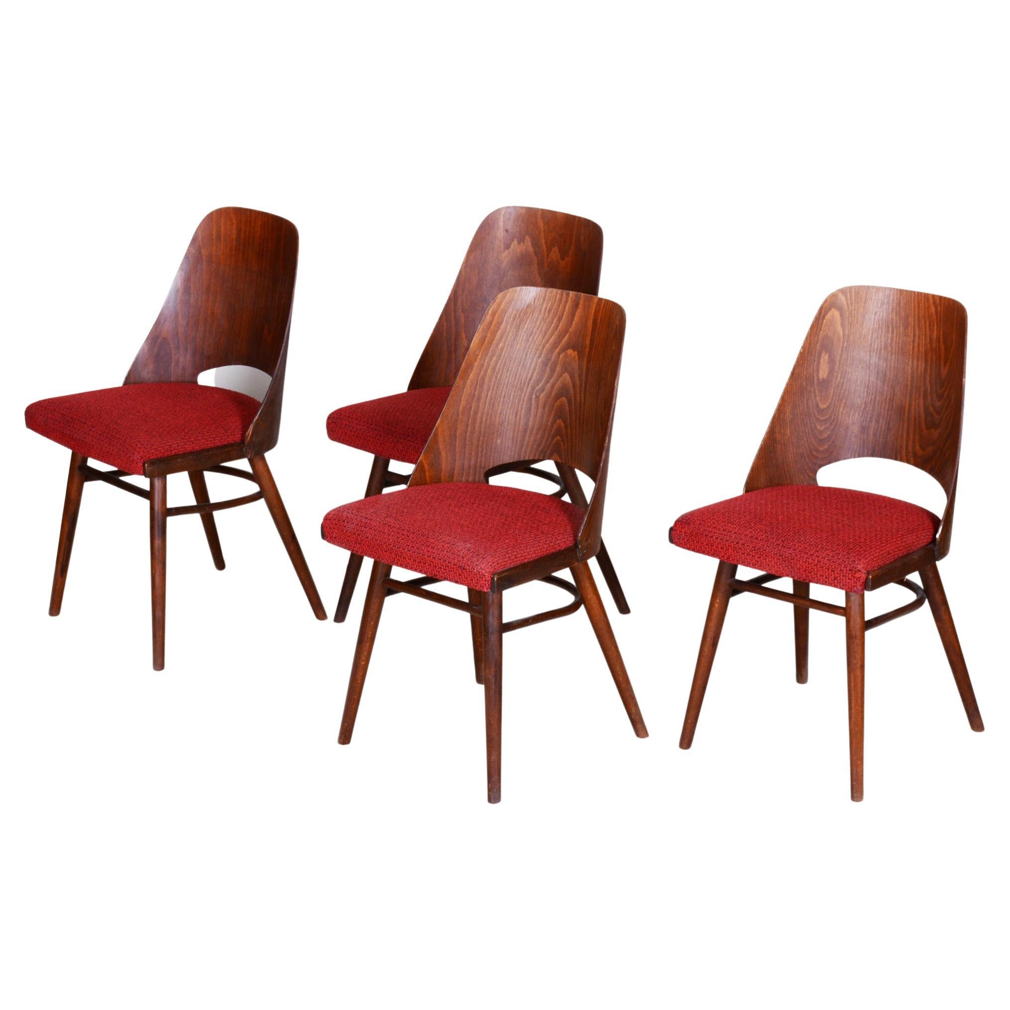 Well Preserved Czech Brown and Red Beech Chairs by Oswald Haerdtl, 4 Pcs, 1950s For Sale
