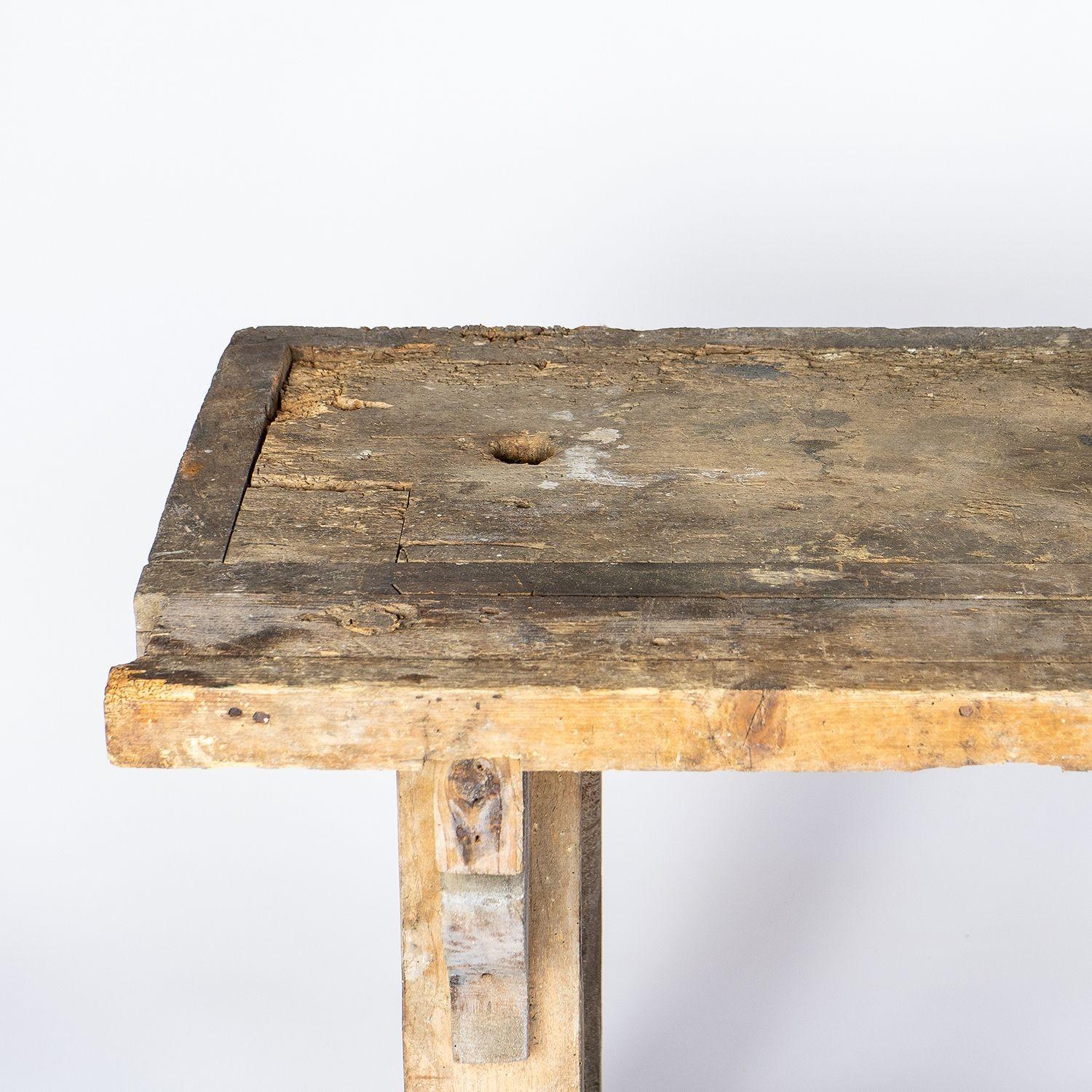 Industrial Well Worn Rustic Workbench Console Table, 19th Century