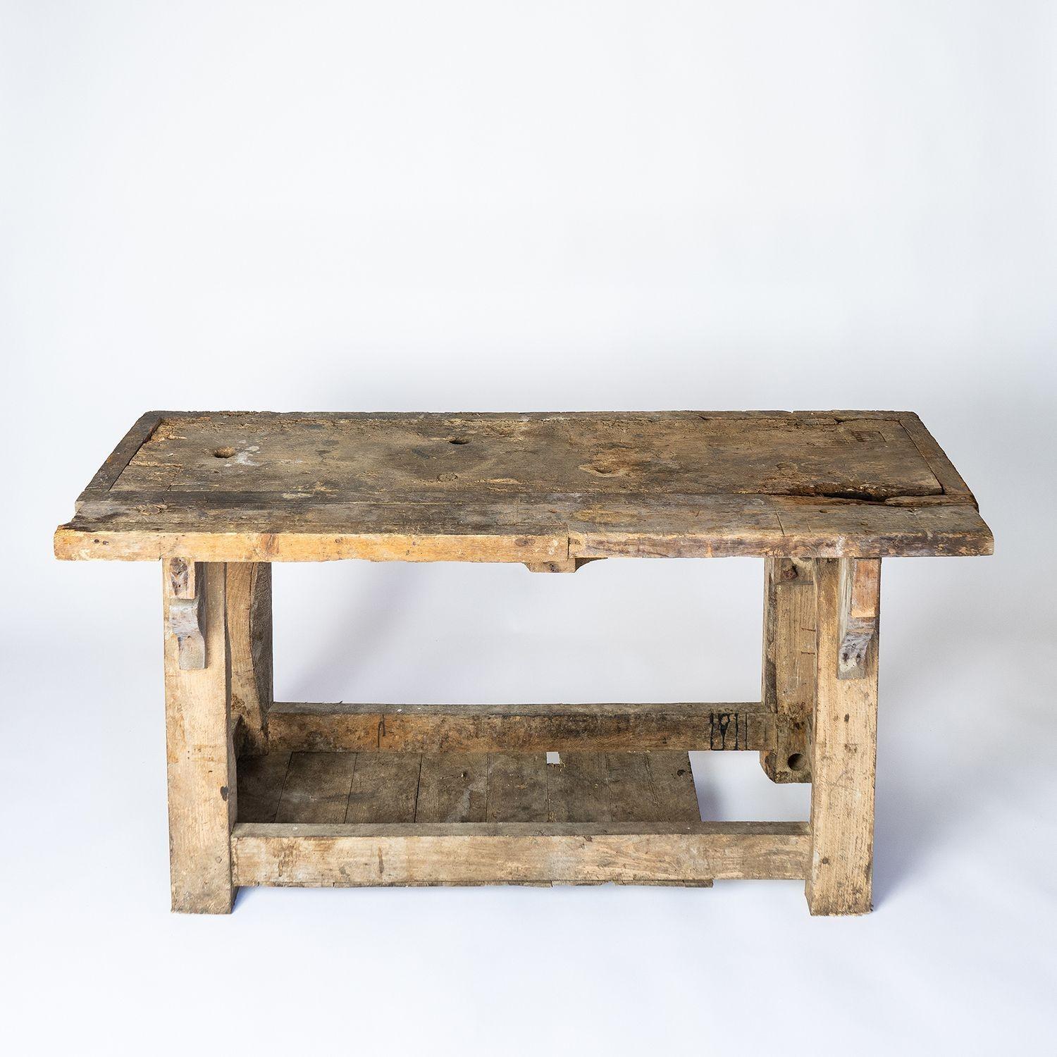 British Well Worn Rustic Workbench Console Table, 19th Century
