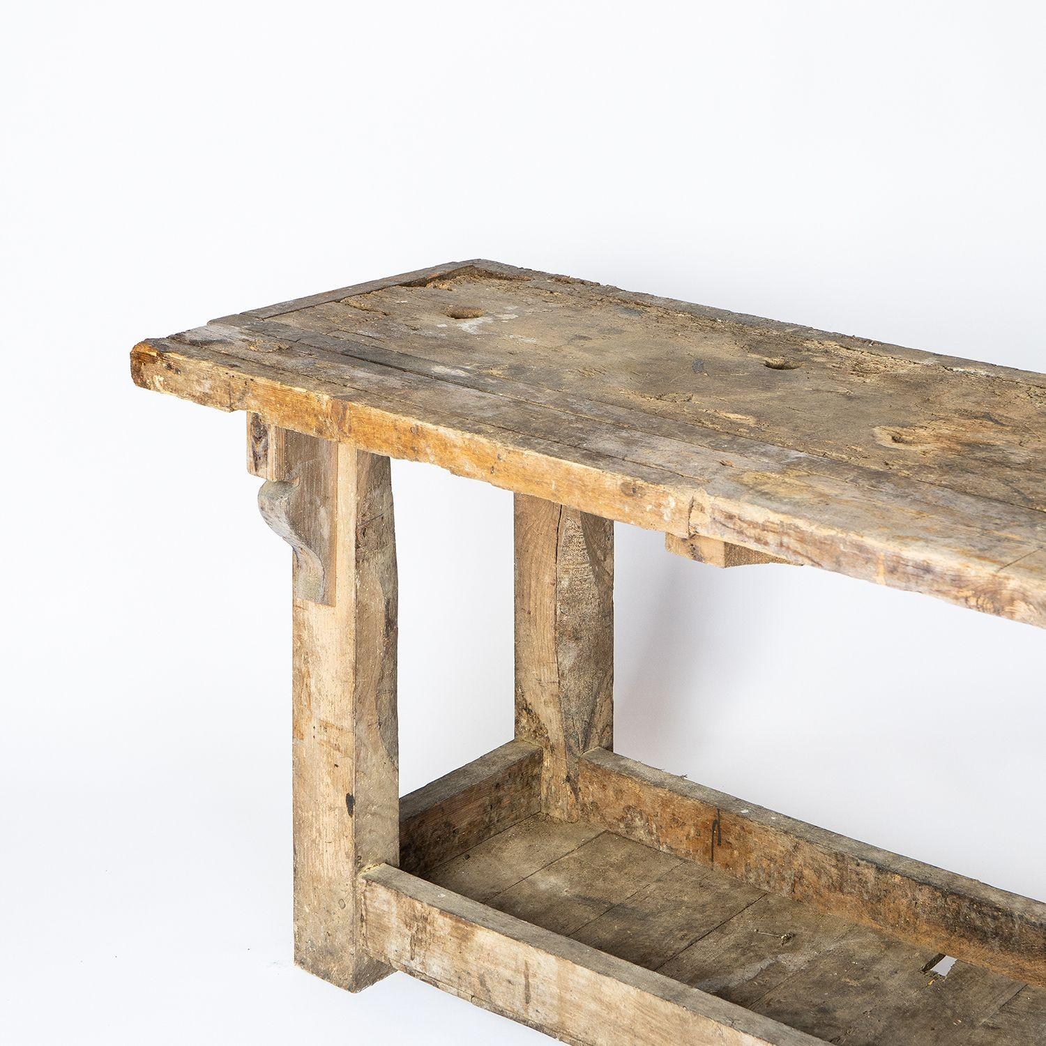 Wood Well Worn Rustic Workbench Console Table, 19th Century