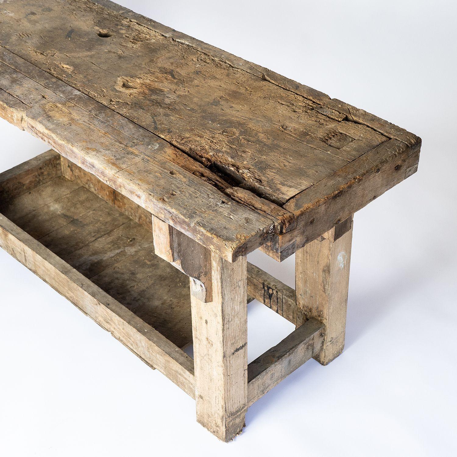 Well Worn Rustic Workbench Console Table, 19th Century 1