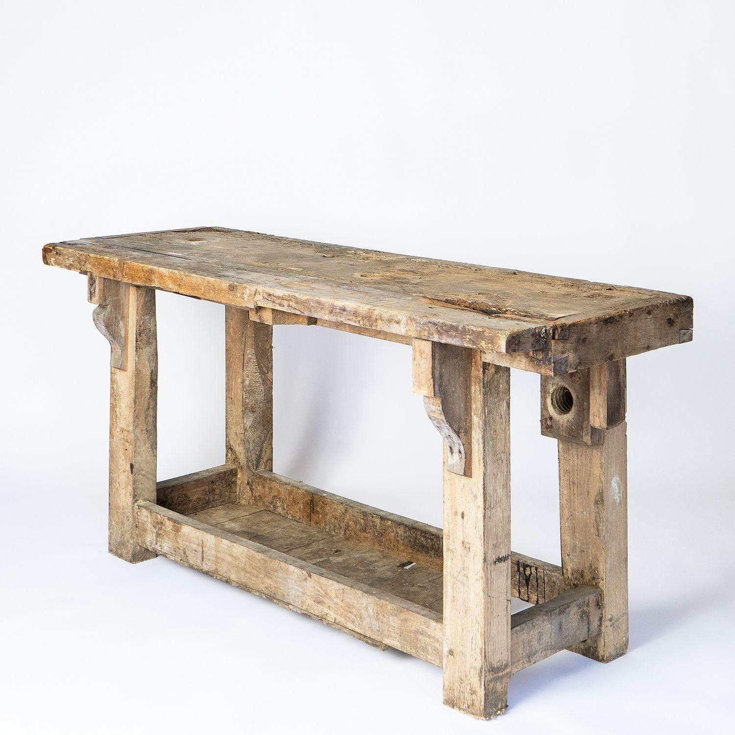 Well Worn Rustic Workbench Console Table, 19th Century 2
