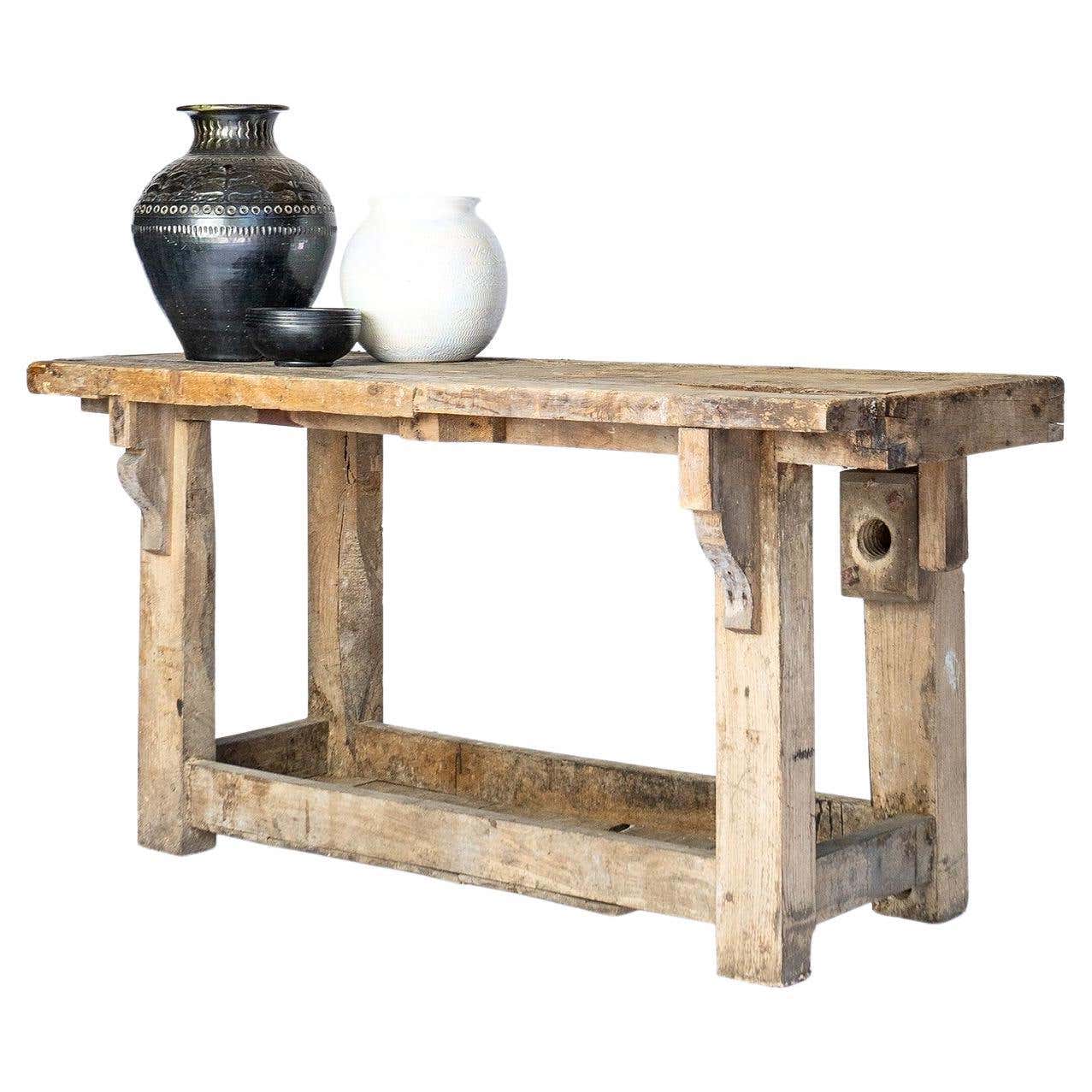 Well Worn Rustic Workbench Console Table, 19th Century at 1stDibs