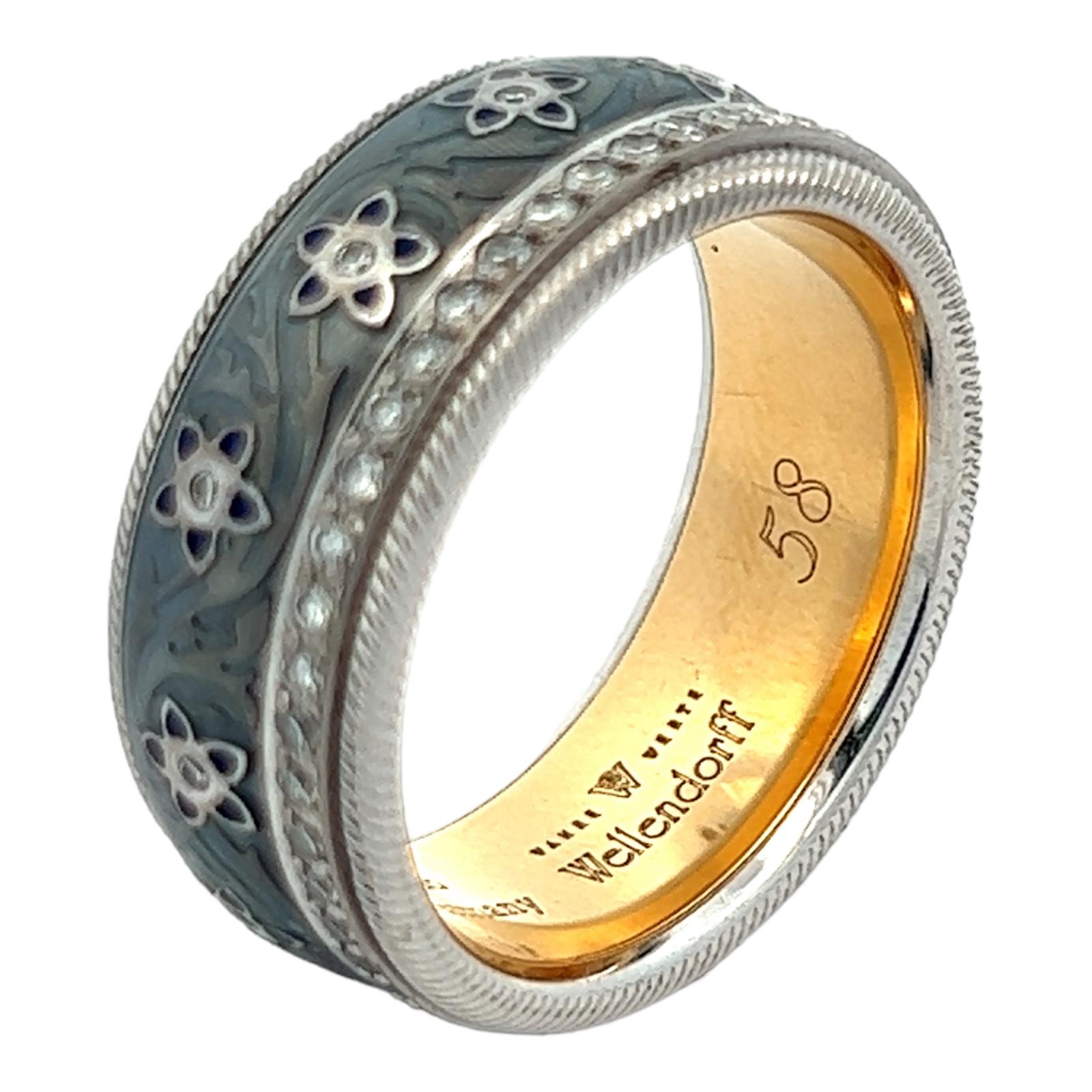 Round Cut Wellendforf Diamond Enamel Blueberry Spinning 18KTT Gold Wedding Band Ring 8.5