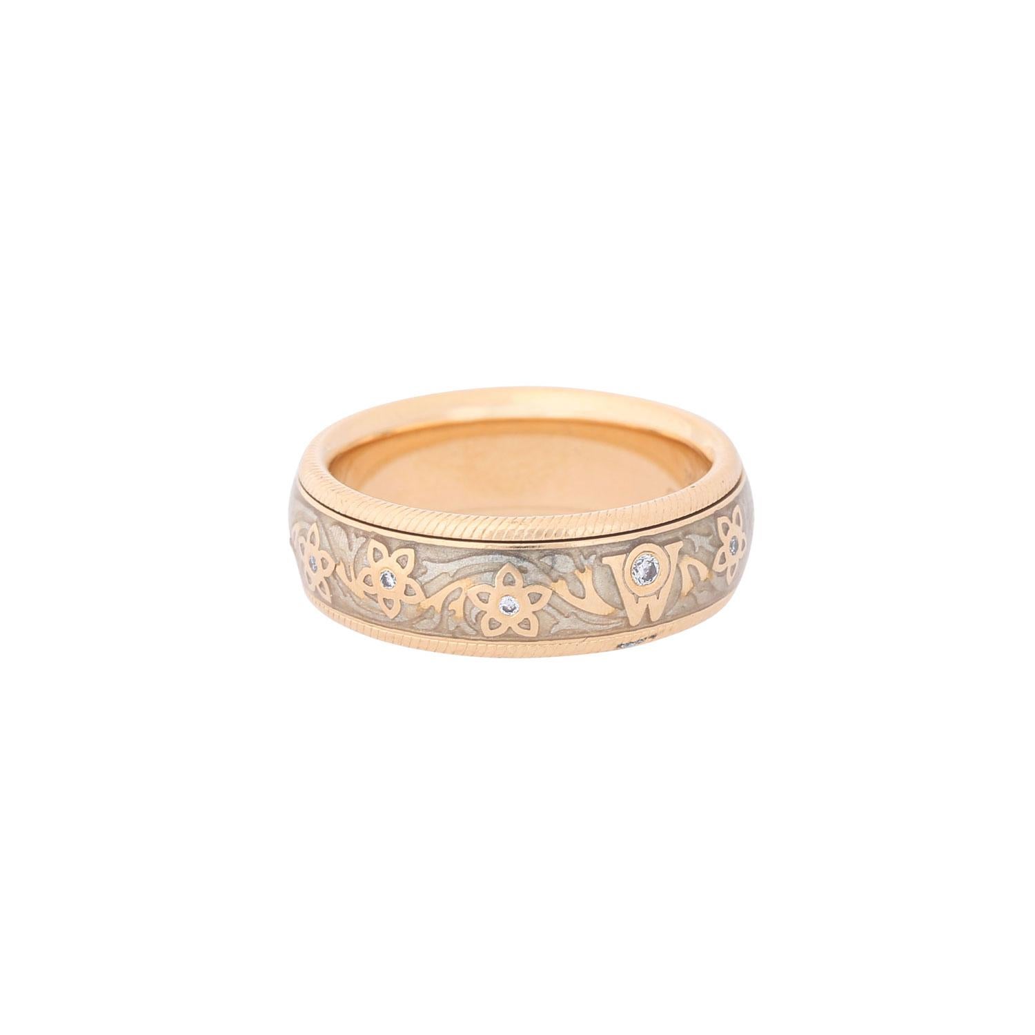 mit 11 Brillanten und teilweise emailliertem, drehbarem Mittelring, GG 18K, 10,5g, RW: 55, 21. Jahrhundert, deutliche Gebrauchsspuren, WELLENDORFF Original-Schmuckkassette mit Umkarton beigelegt.

 WELLENDORFF Ring 'Seidenglanz' mit 11 Brillanten