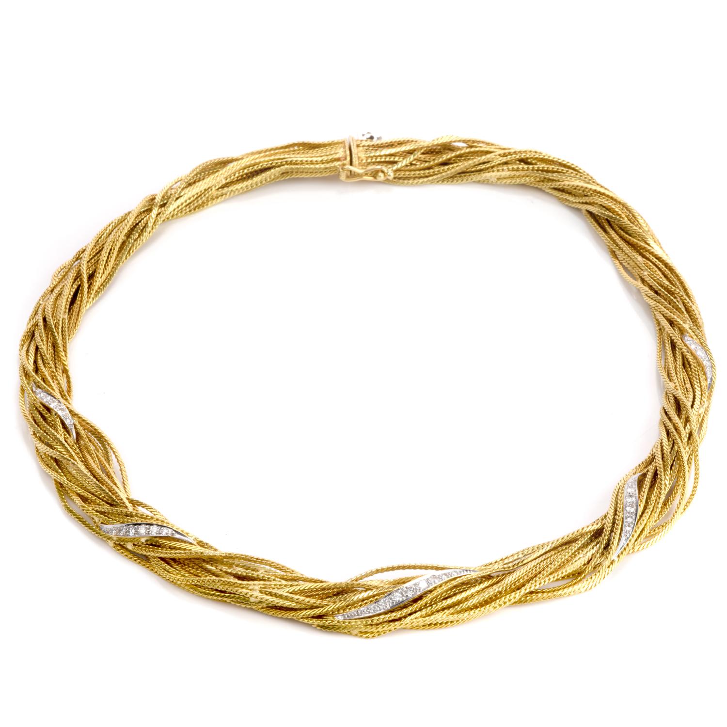 This Vintage 1980's Wellendorff Multi strand chocker necklace is made of 18 karat gold as soft and smooth as silk, fashioned using a technique developed over 43 years ago by Hanspeter Wellendorff Germany. Thin gold stands of gold wrap around by hand