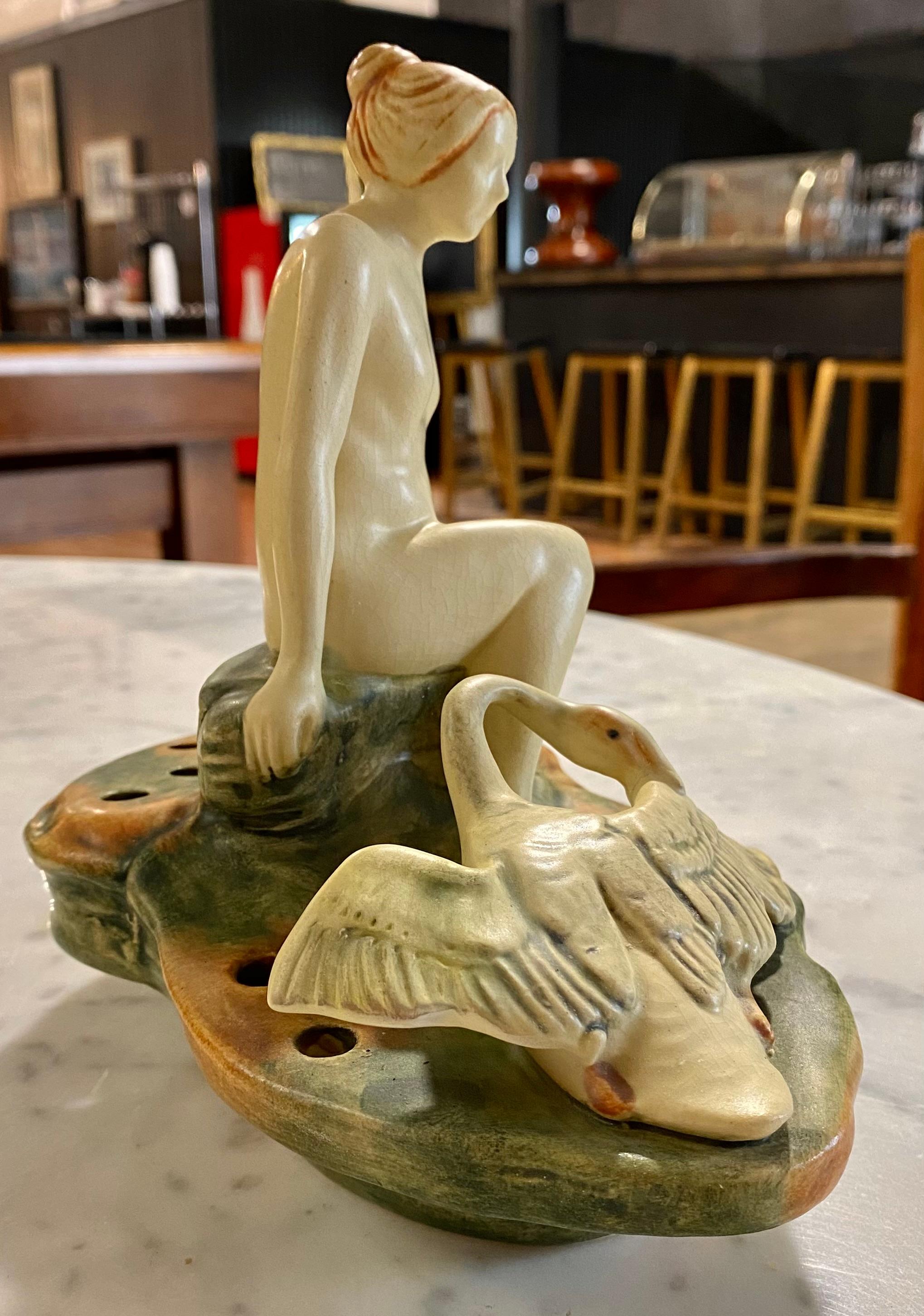 Art Nouveau Weller Art Pottery Muskota Nude Woman w/Goose Flower Frog