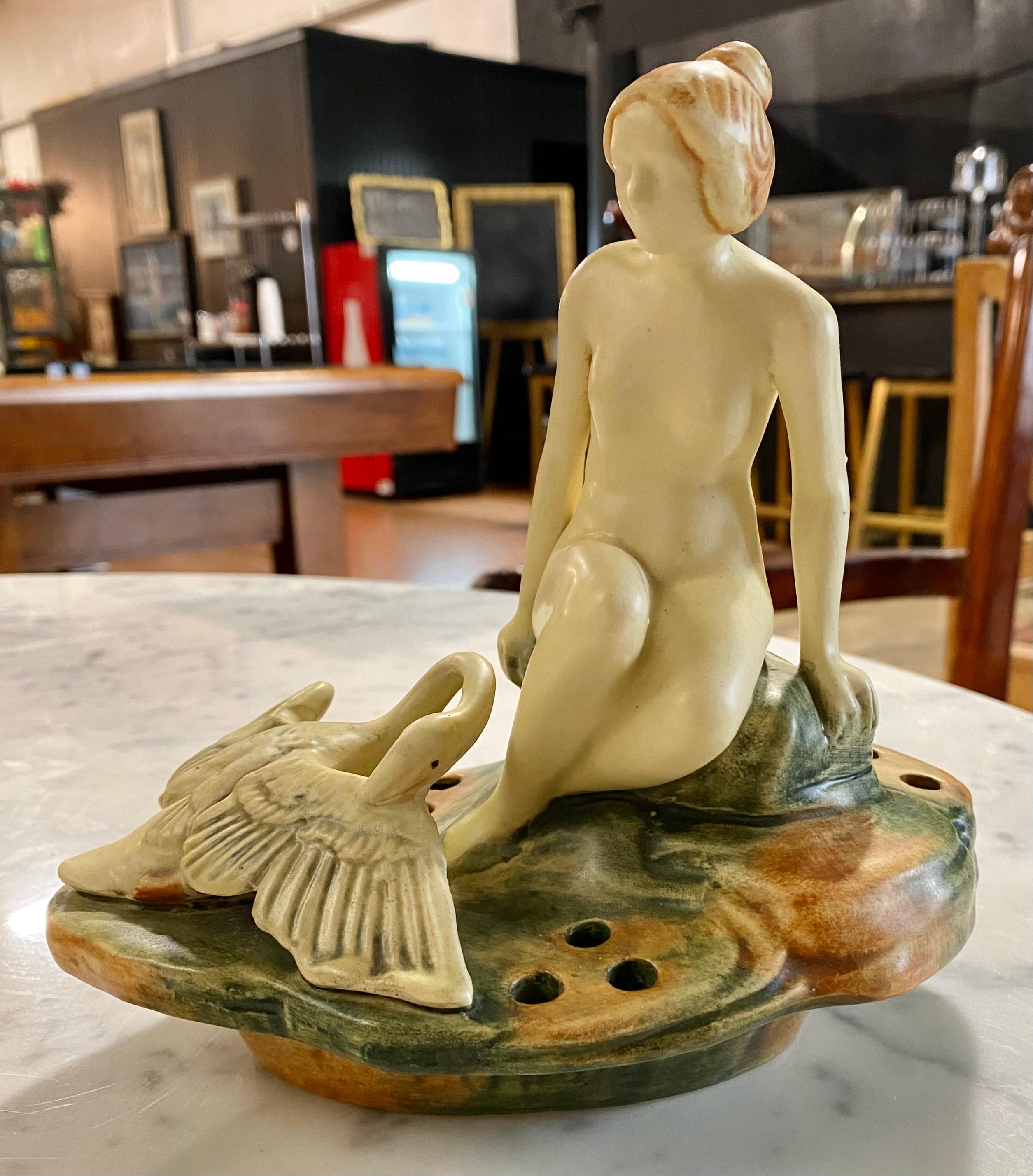 Weller Art Pottery Muskota Nude Woman w/Goose Flower Frog 1