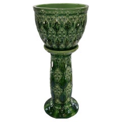 Weller Blended Majolica 1900s Art Pottery Green Romanesque Jardiniere Pedestal