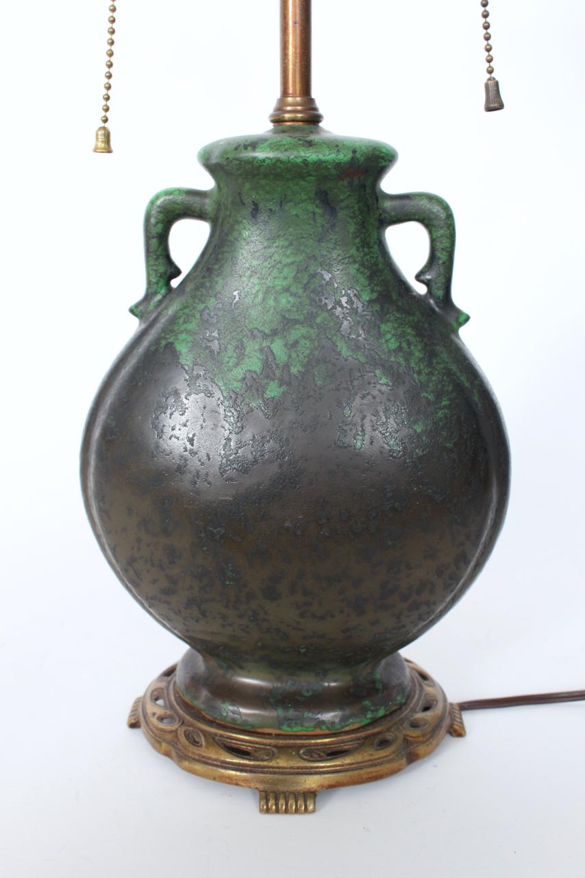 Weller Ceramics Coppertone Series Green & Black Pottery Table Lamp, Circa 1920 For Sale 4