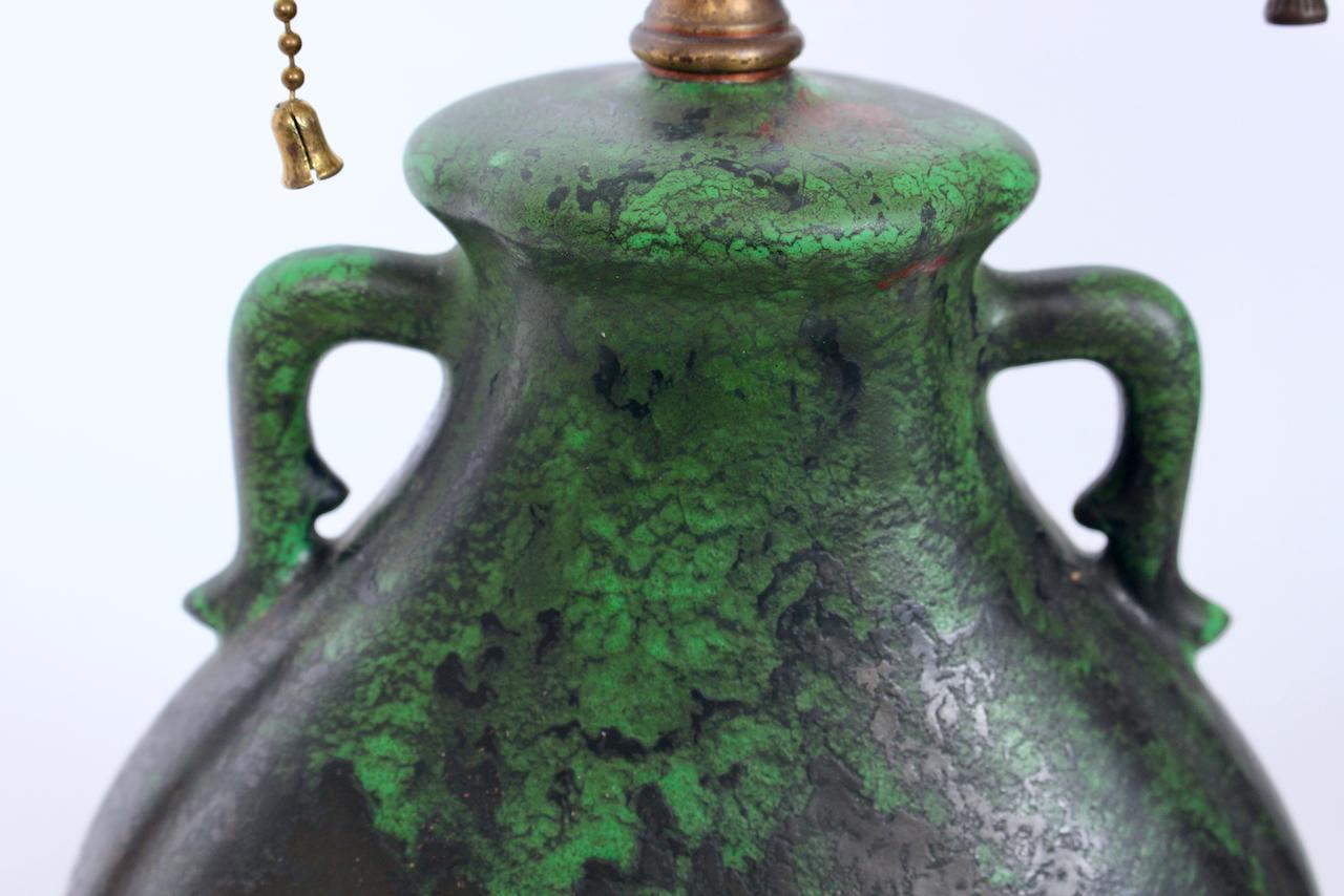 Weller Ceramics Coppertone Series Green & Black Pottery Table Lamp, Circa 1920 For Sale 5