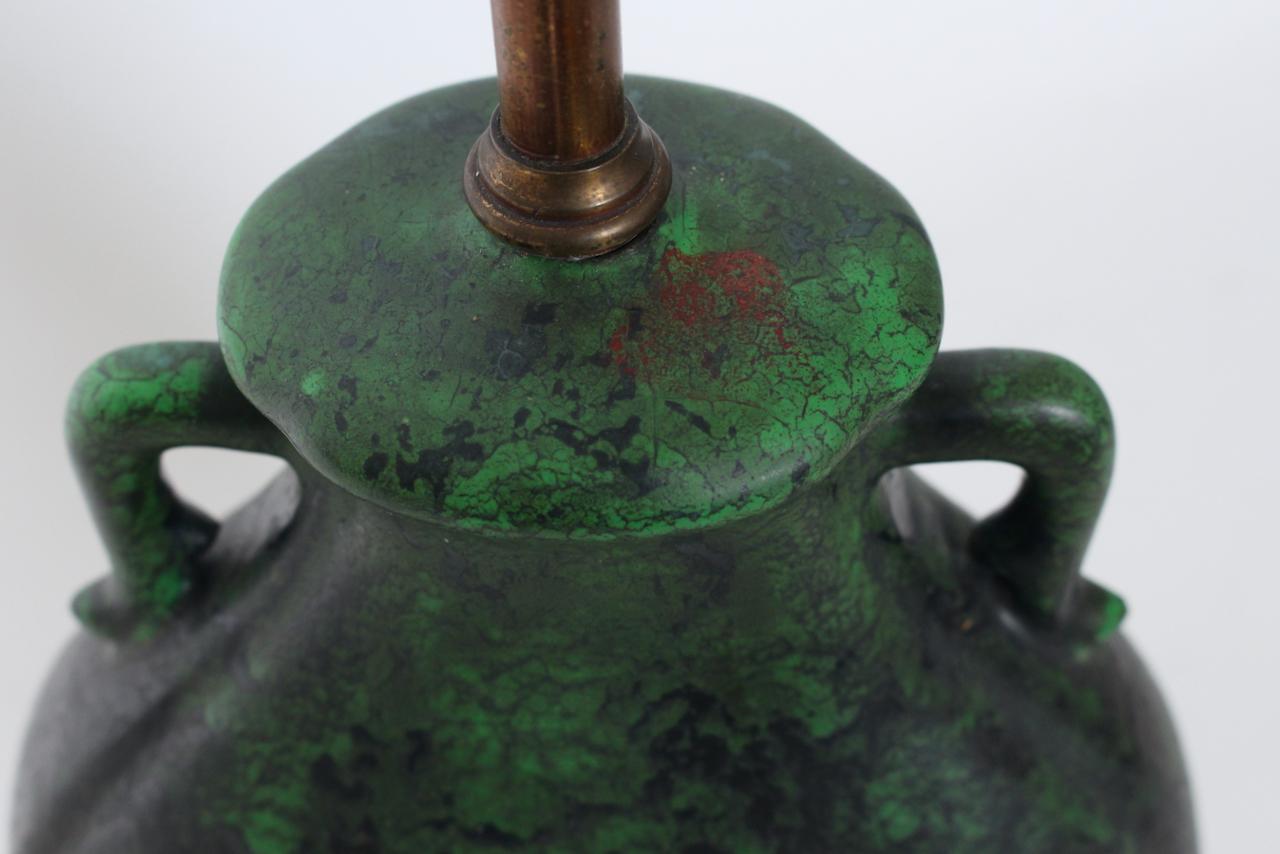 Weller Ceramics Coppertone Series Green & Black Pottery Table Lamp, Circa 1920 For Sale 7