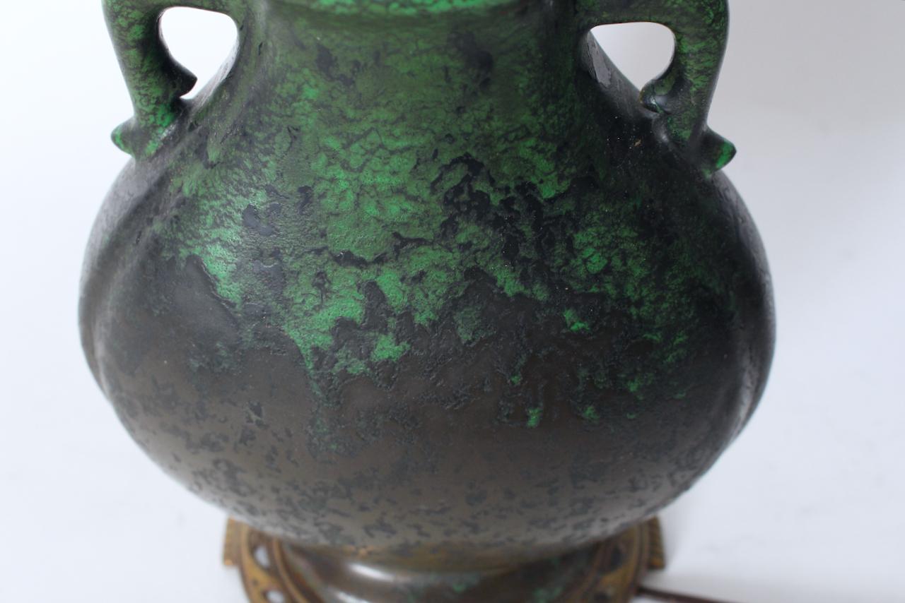 Weller Ceramics Coppertone Series Green & Black Pottery Table Lamp, Circa 1920 For Sale 8