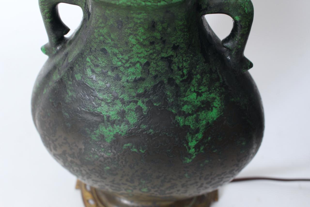 Weller Ceramics Coppertone Series Green & Black Pottery Table Lamp, Circa 1920 For Sale 9
