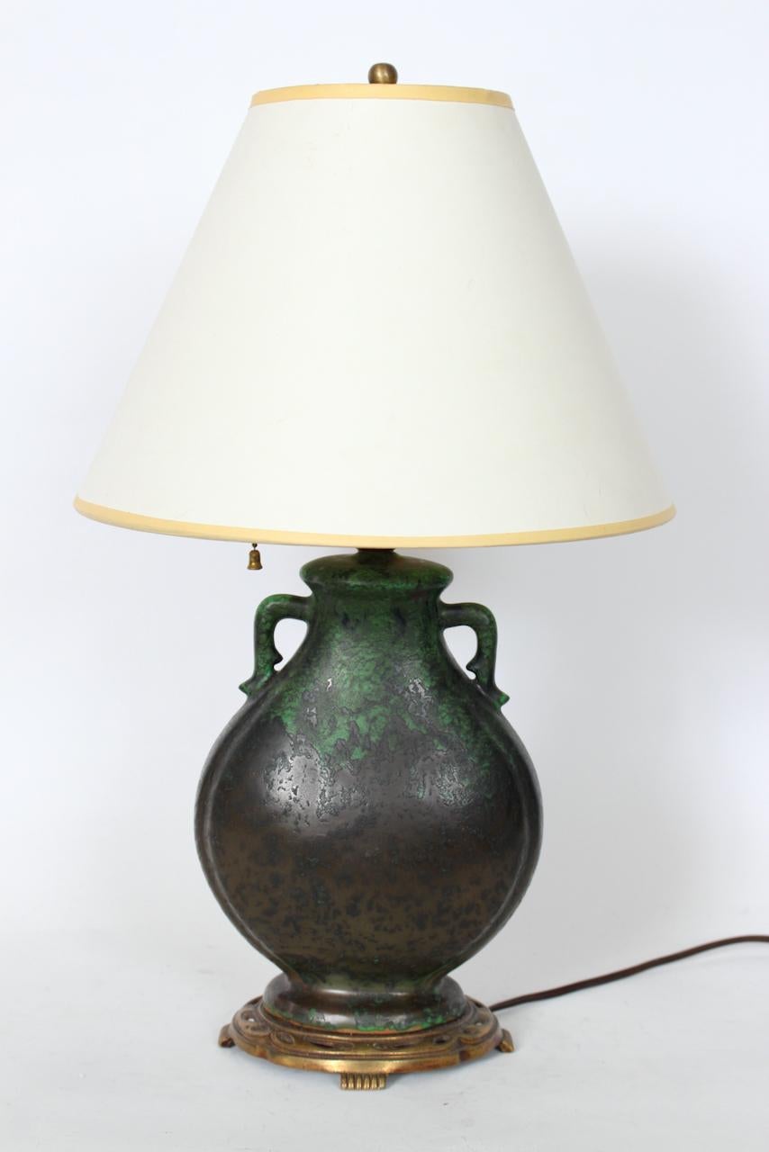 Arts and Crafts Weller Ceramics Coppertone Series Green & Black Pottery Table Lamp, Circa 1920 For Sale