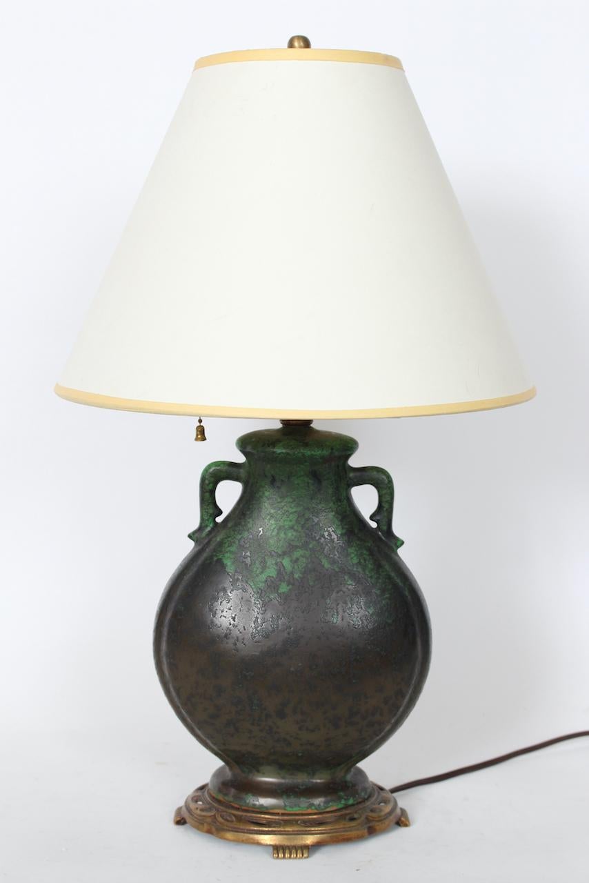 American Weller Ceramics Coppertone Series Green & Black Pottery Table Lamp, Circa 1920 For Sale